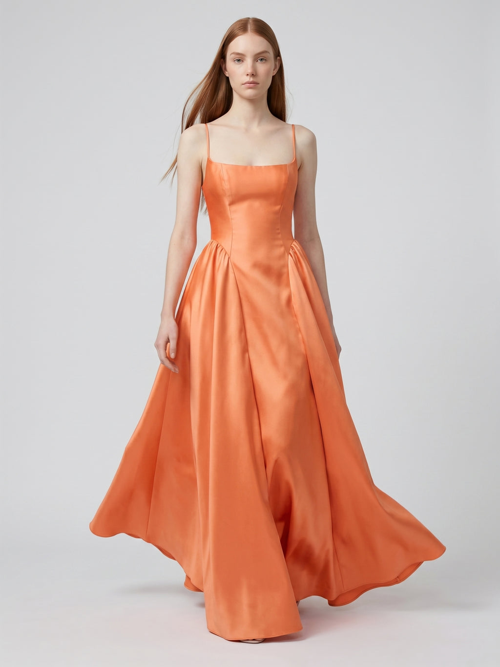 Orange Satin A-Line Square Neck Back Zip Floor-Length Bridesmaid Dress with Pleats