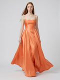 Orange Satin A-Line Square Neck Back Zip Floor-Length Bridesmaid Dress with Pleats
