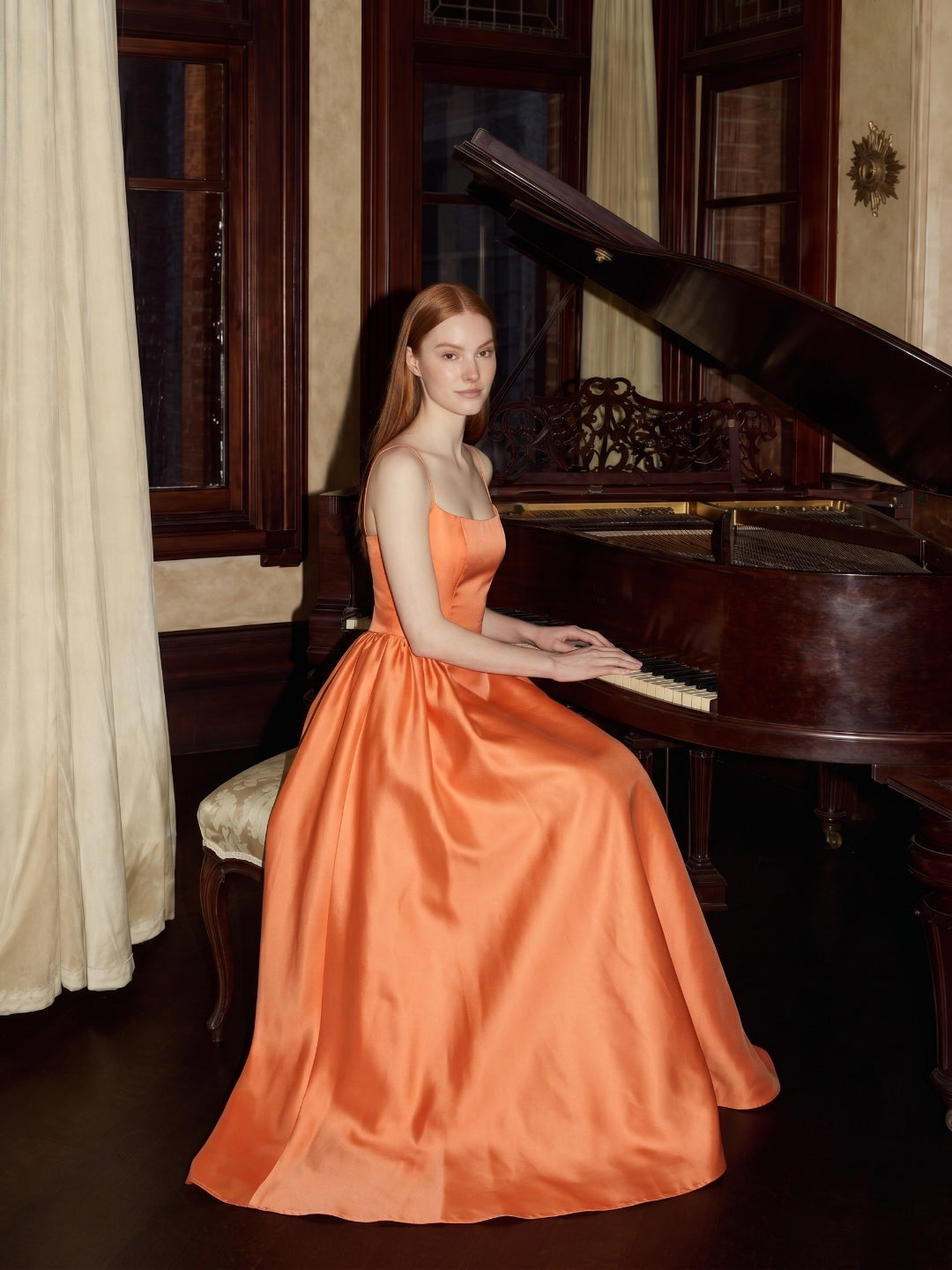 Orange Satin A-Line Square Neck Back Zip Floor-Length Bridesmaid Dress with Pleats