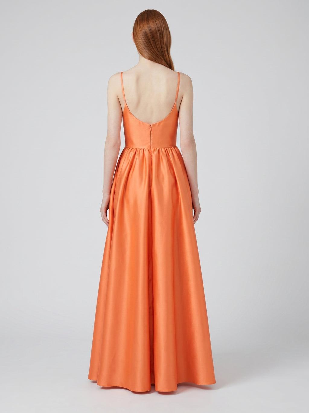Orange Satin A-Line Square Neck Back Zip Floor-Length Bridesmaid Dress with Pleats
