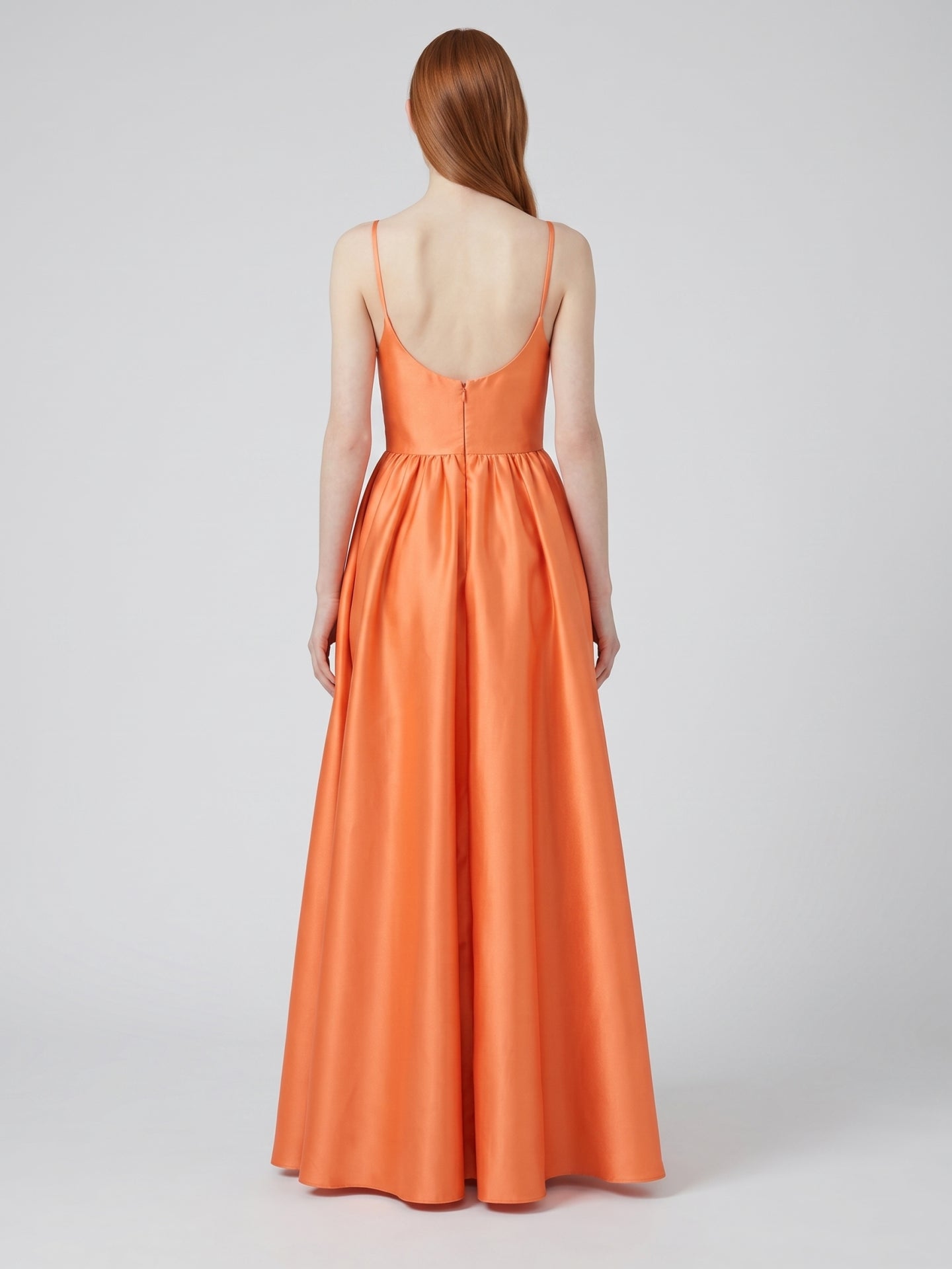 Orange Satin A-Line Square Neck Back Zip Floor-Length Bridesmaid Dress with Pleats