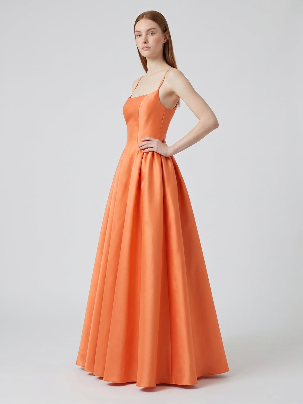 Orange Satin A-Line Square Neck Back Zip Floor-Length Bridesmaid Dress with Pleats