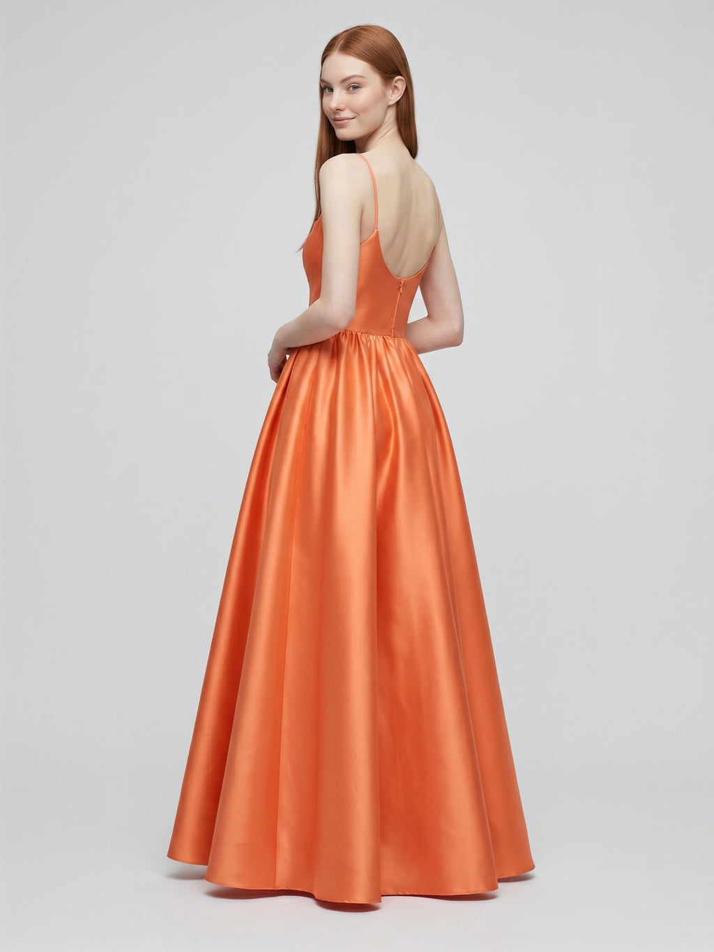 Orange Satin A-Line Square Neck Back Zip Floor-Length Bridesmaid Dress with Pleats