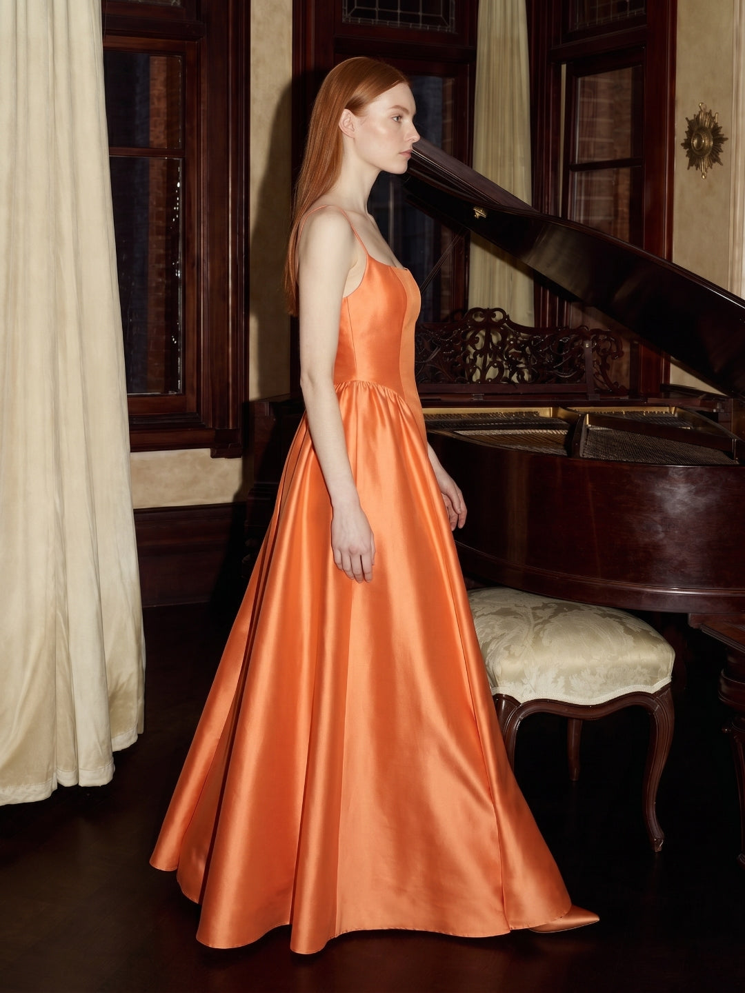 Orange Satin A-Line Square Neck Back Zip Floor-Length Bridesmaid Dress with Pleats