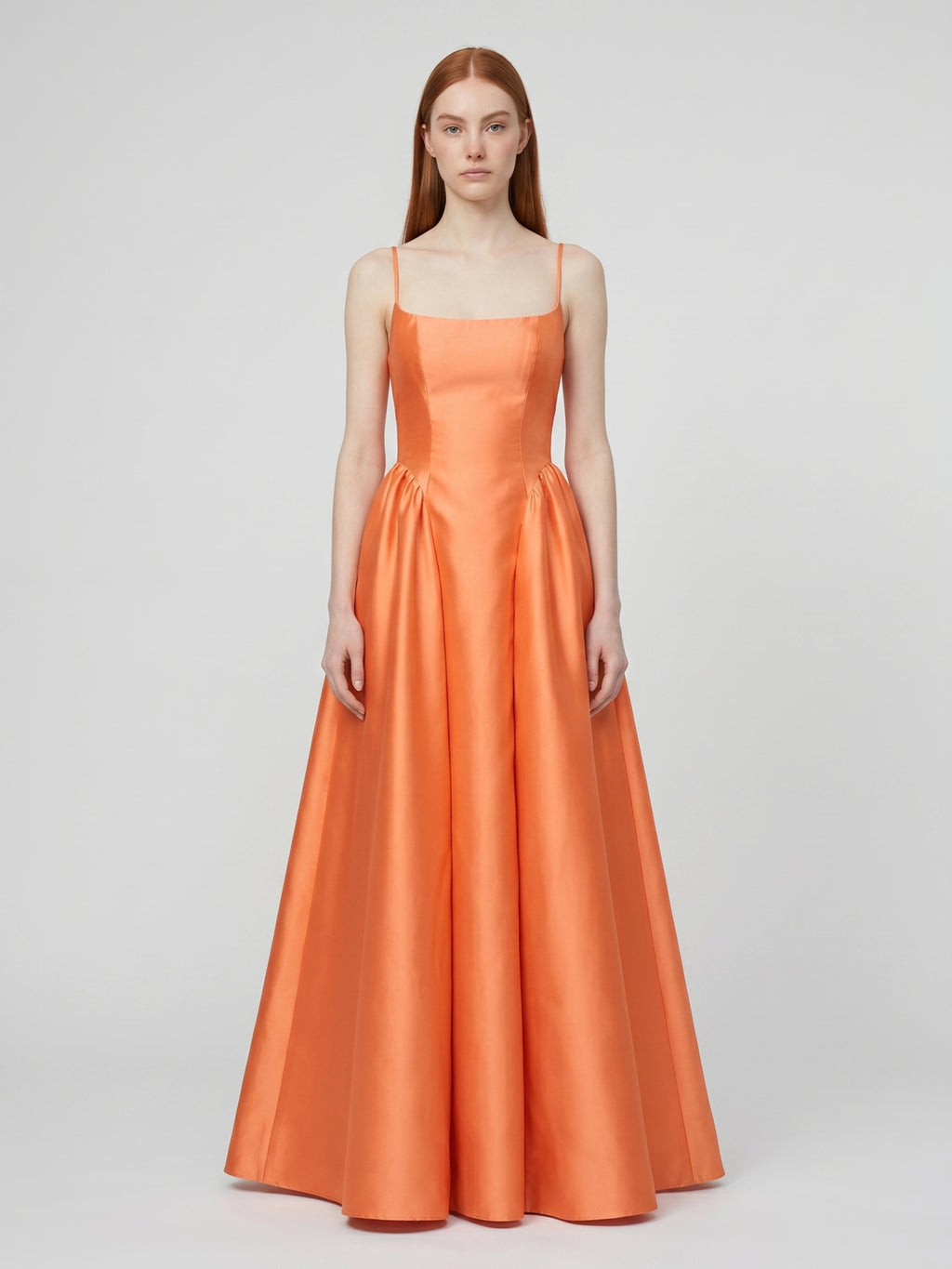 Orange Satin A-Line Square Neck Back Zip Floor-Length Bridesmaid Dress with Pleats