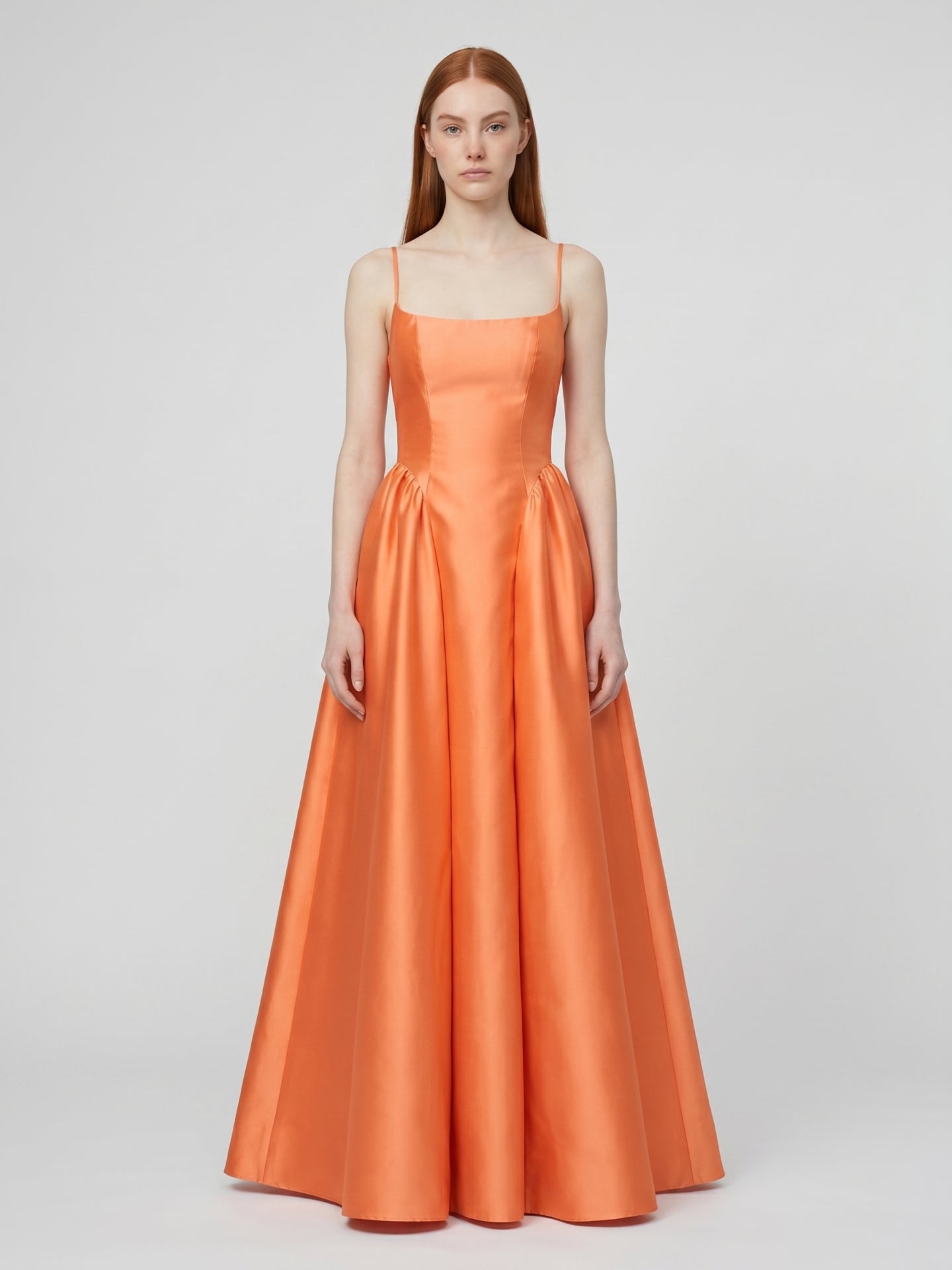Orange Satin A-Line Square Neck Back Zip Floor-Length Bridesmaid Dress with Pleats