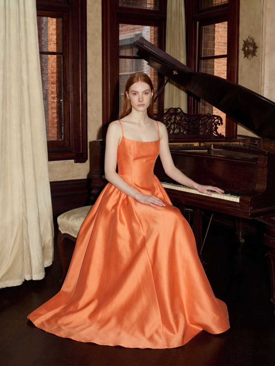 Orange Satin A-Line Square Neck Back Zip Floor-Length Bridesmaid Dress with Pleats