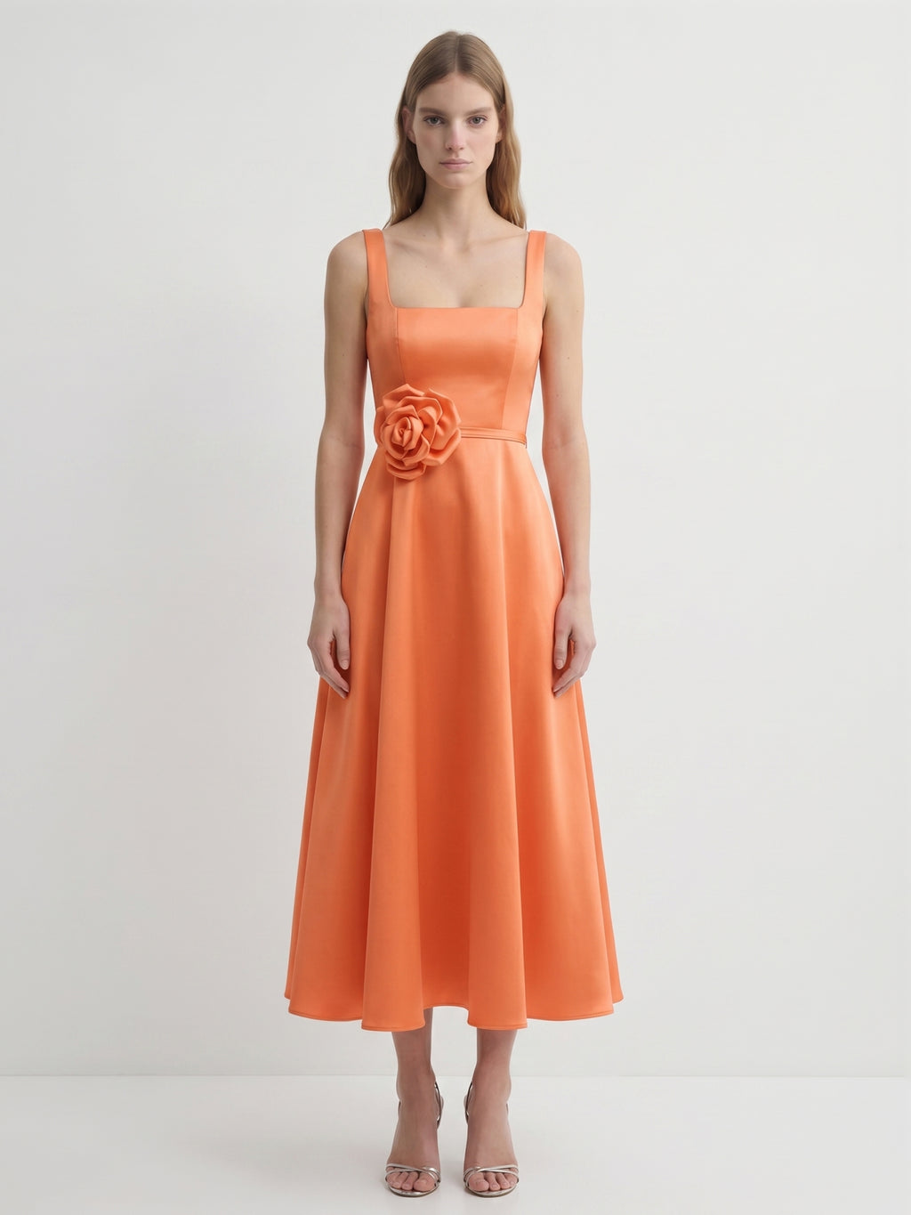 Orange Satin A-Line Square Neck Back Zip Tea-Length Bridesmaid Dress with 3D Flower