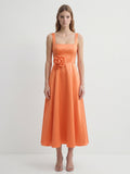 Orange Satin A-Line Square Neck Back Zip Tea-Length Bridesmaid Dress with 3D Flower
