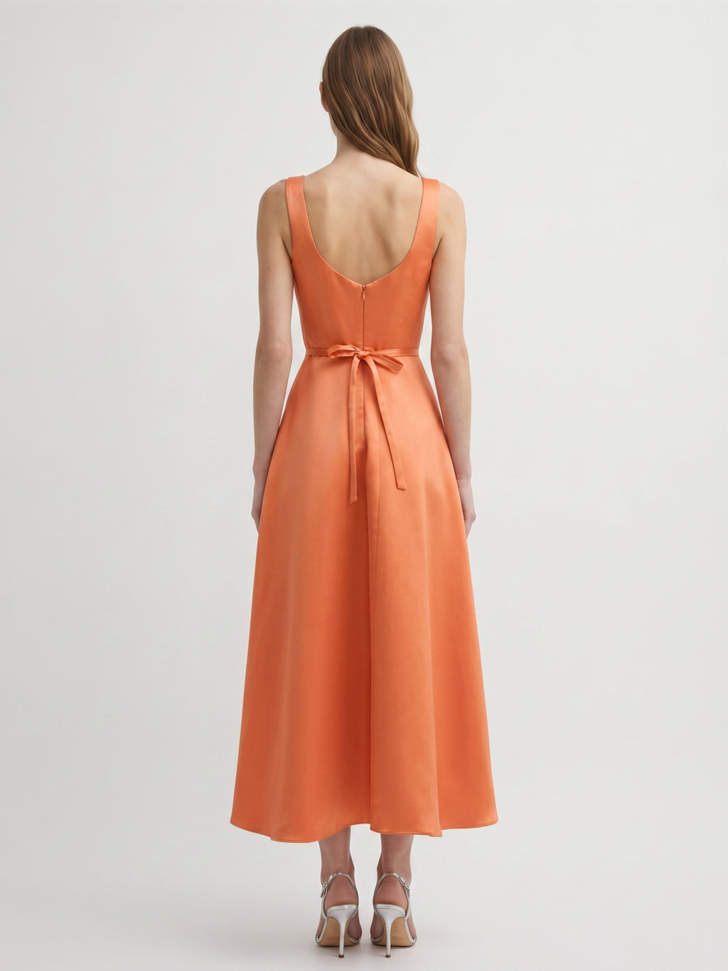 Orange Satin A-Line Square Neck Back Zip Tea-Length Bridesmaid Dress with 3D Flower