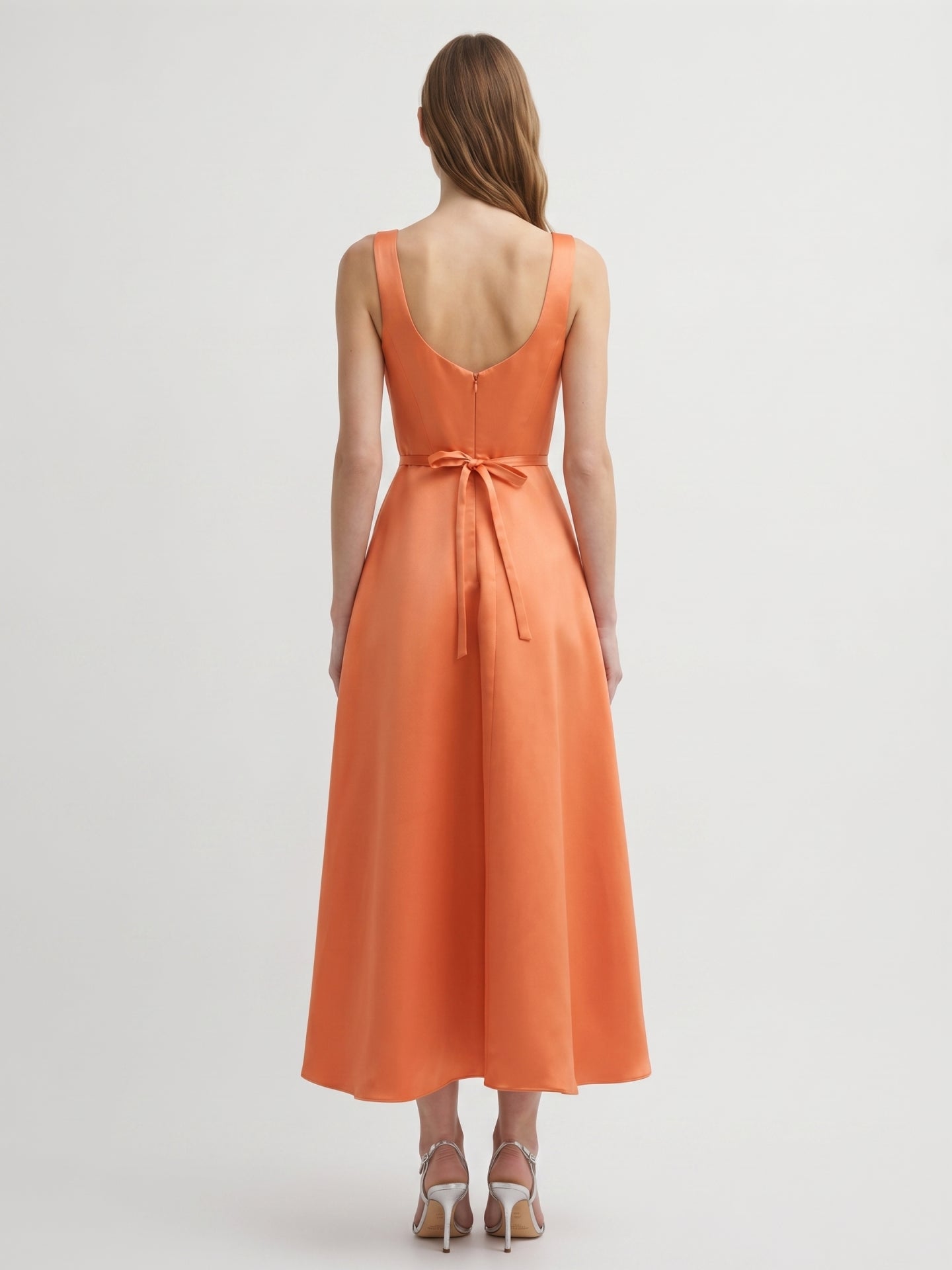 Orange Satin A-Line Square Neck Back Zip Tea-Length Bridesmaid Dress with 3D Flower
