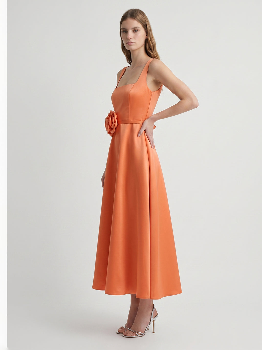 Orange Satin A-Line Square Neck Back Zip Tea-Length Bridesmaid Dress with 3D Flower