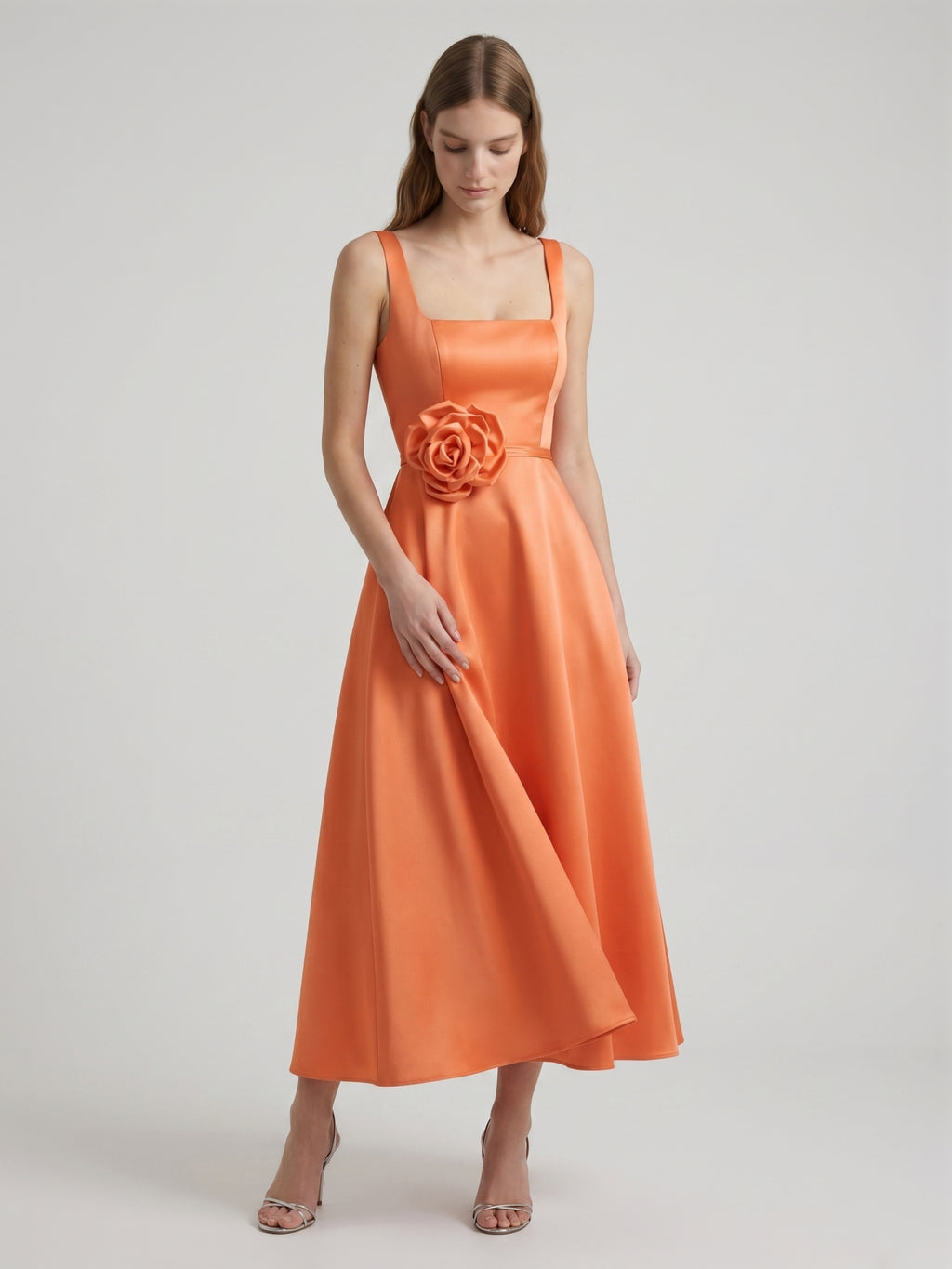 Orange Satin A-Line Square Neck Back Zip Tea-Length Bridesmaid Dress with 3D Flower