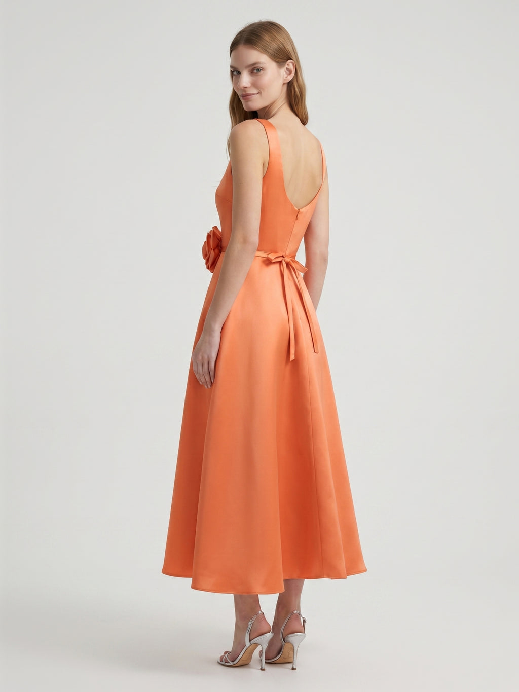 Orange Satin A-Line Square Neck Back Zip Tea-Length Bridesmaid Dress with 3D Flower