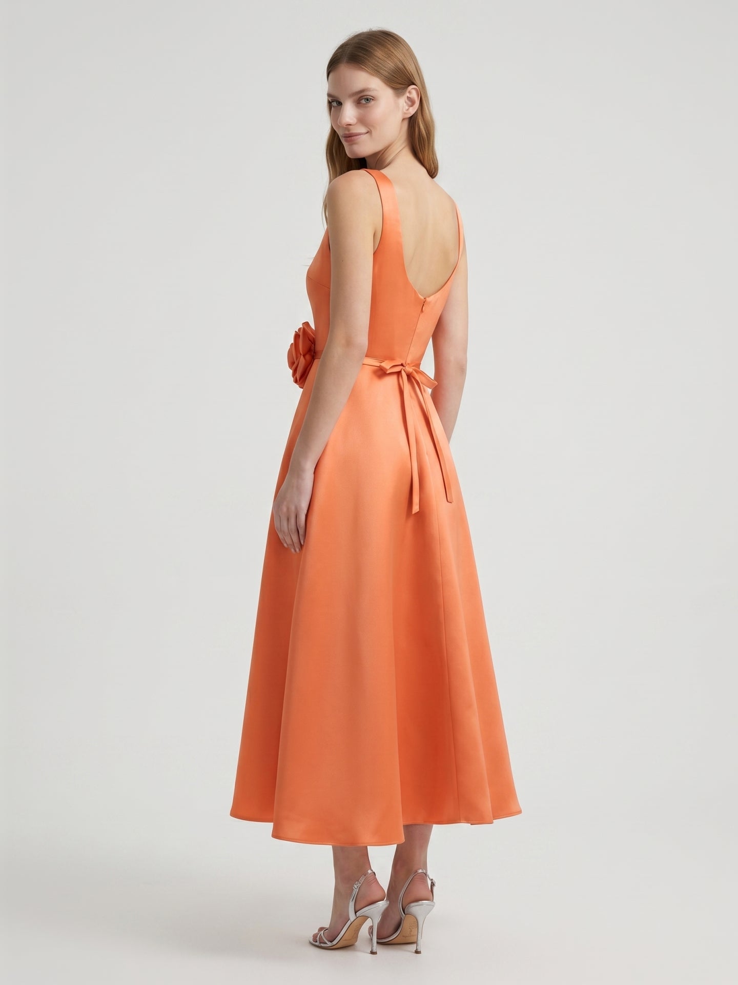 Orange Satin A-Line Square Neck Back Zip Tea-Length Bridesmaid Dress with 3D Flower