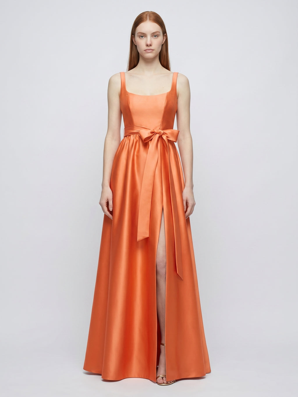 Orange Satin A-Line Square Neck Backless Floor-Length Bridesmaid Dress with Bow