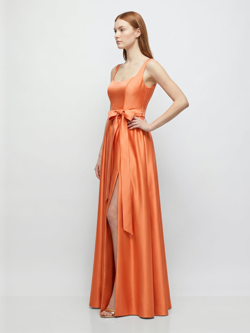 Orange Satin A-Line Square Neck Backless Floor-Length Bridesmaid Dress with Bow