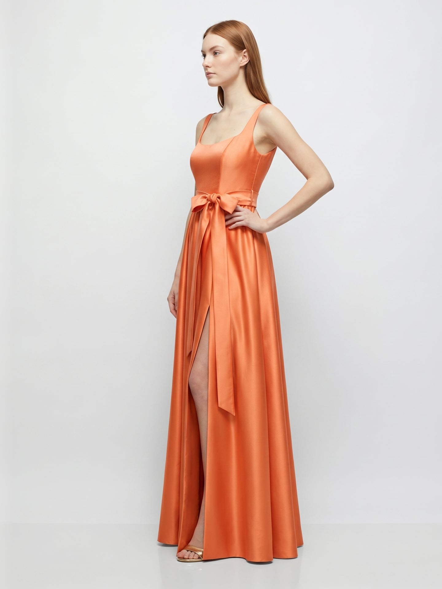 Orange Satin A-Line Square Neck Backless Floor-Length Bridesmaid Dress with Bow