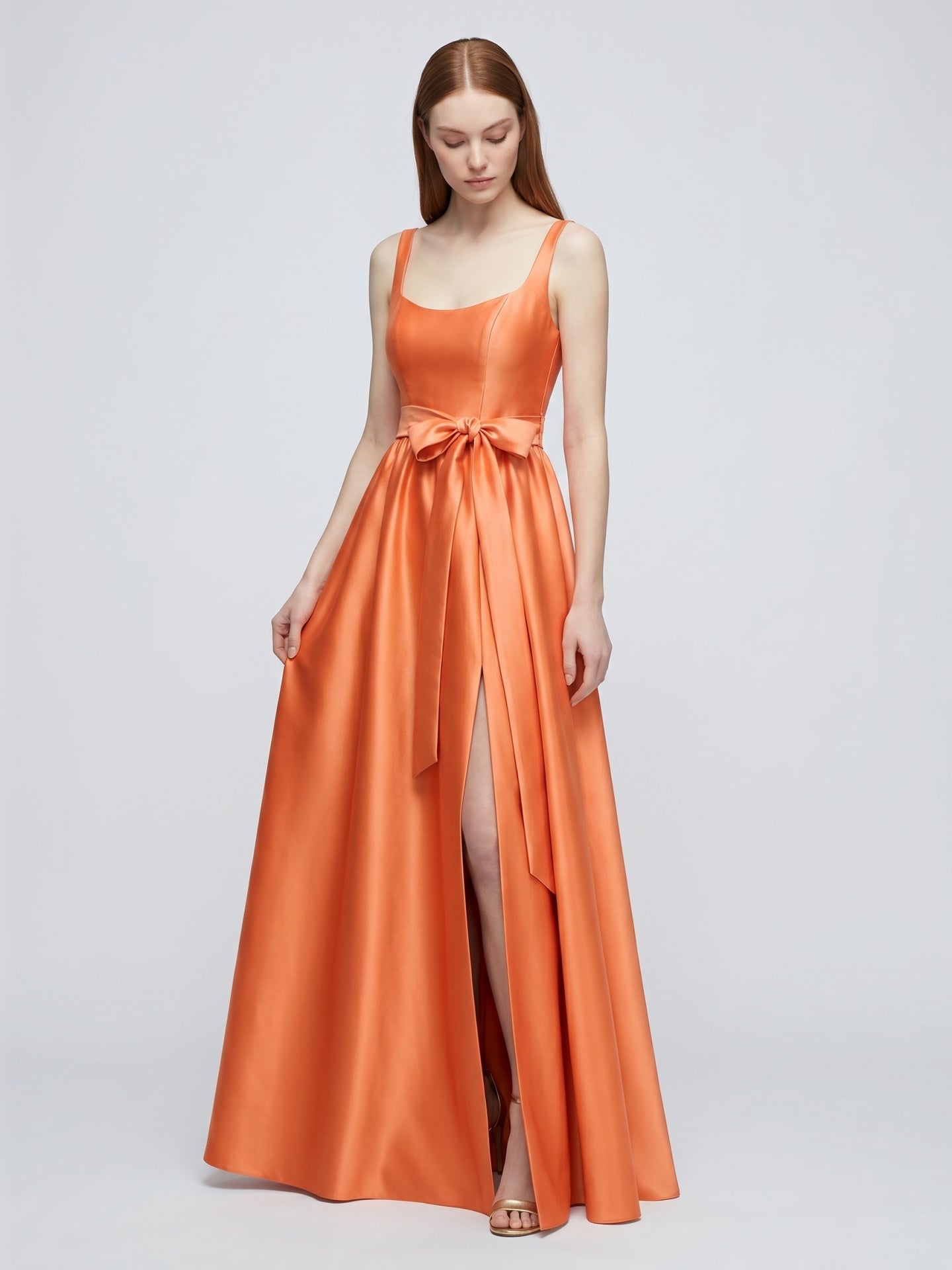 Orange Satin A-Line Square Neck Backless Floor-Length Bridesmaid Dress with Bow