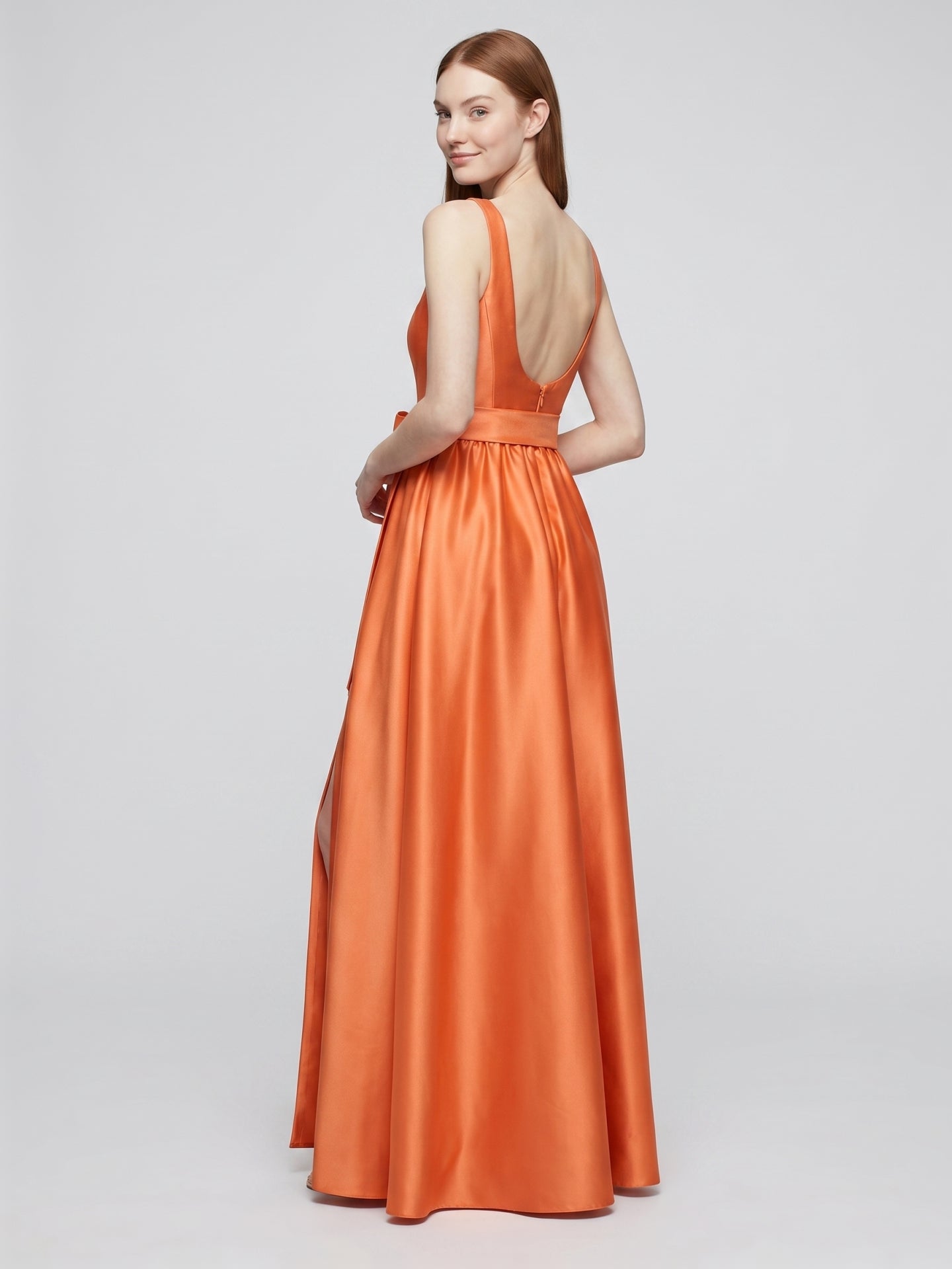 Orange Satin A-Line Square Neck Backless Floor-Length Bridesmaid Dress with Bow