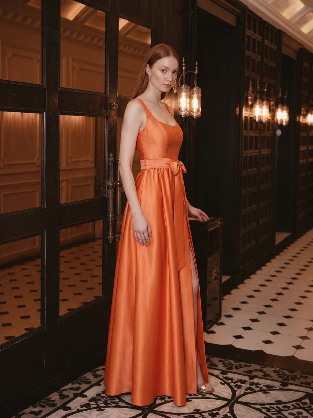 Orange Satin A-Line Square Neck Backless Floor-Length Bridesmaid Dress with Bow