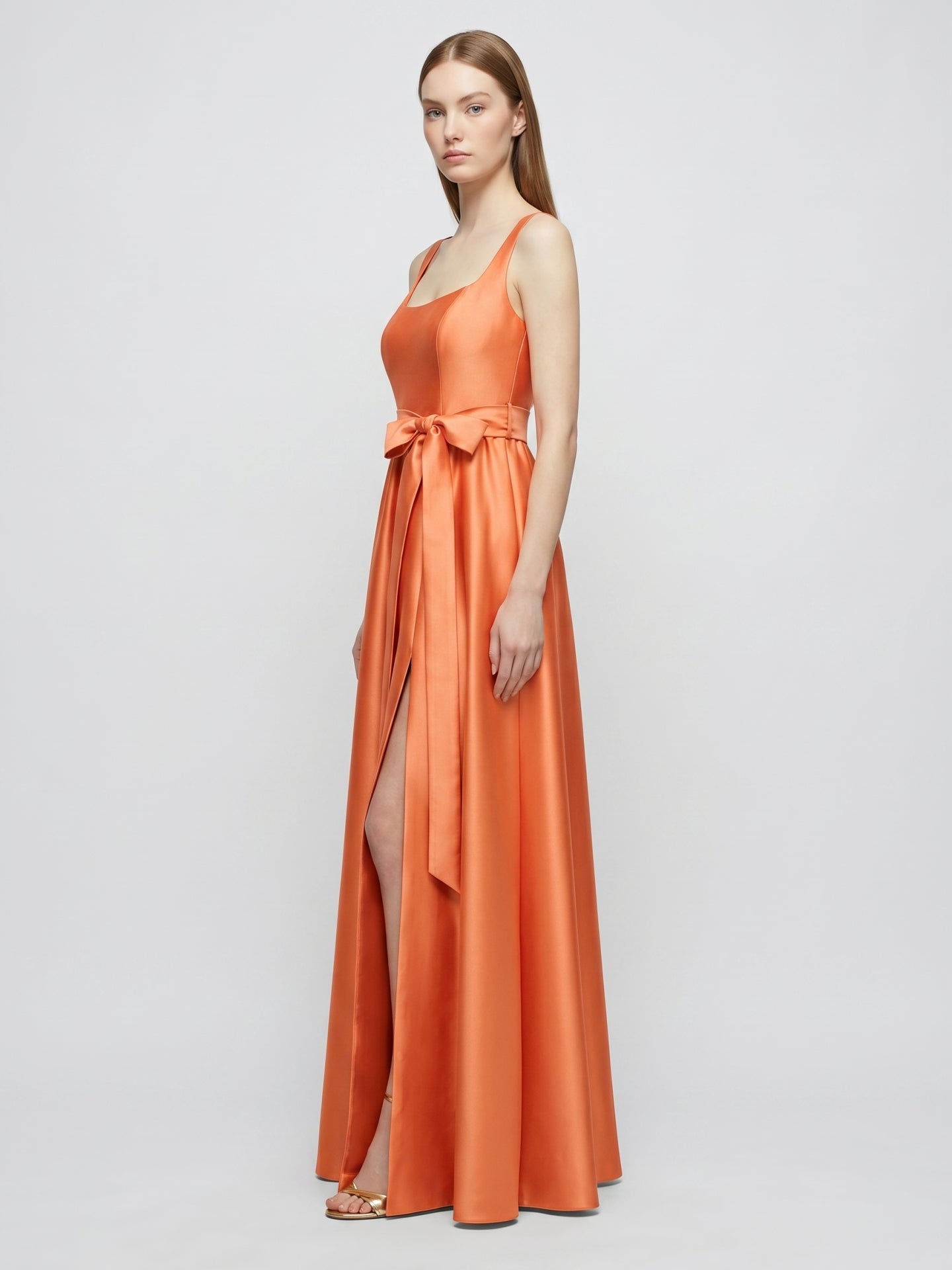 Orange Satin A-Line Square Neck Backless Floor-Length Bridesmaid Dress with Bow