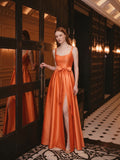 Orange Satin A-Line Square Neck Backless Floor-Length Bridesmaid Dress with Bow