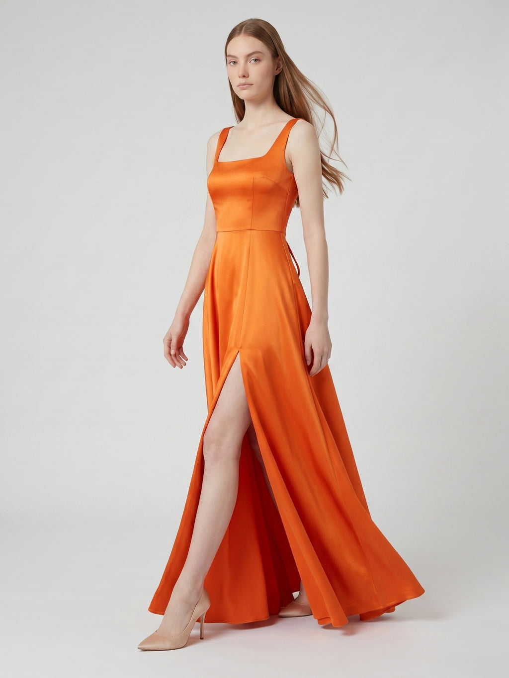 Orange Satin A-Line Square Neck Lace-up Floor-Length Bridesmaid Dress with Pleats