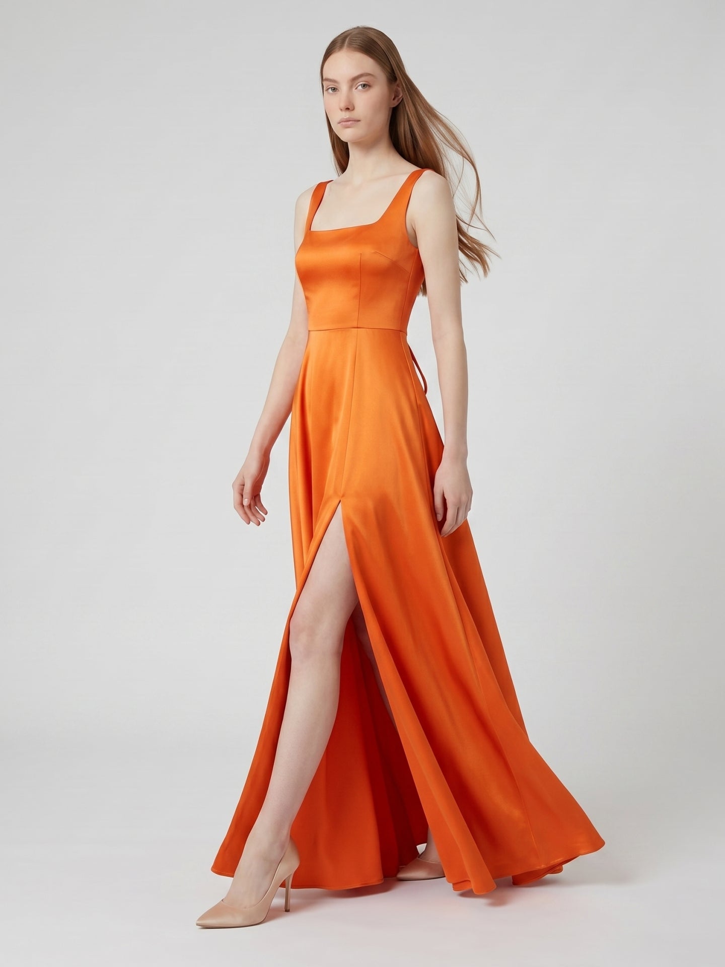 Orange Satin A-Line Square Neck Lace-up Floor-Length Bridesmaid Dress with Pleats