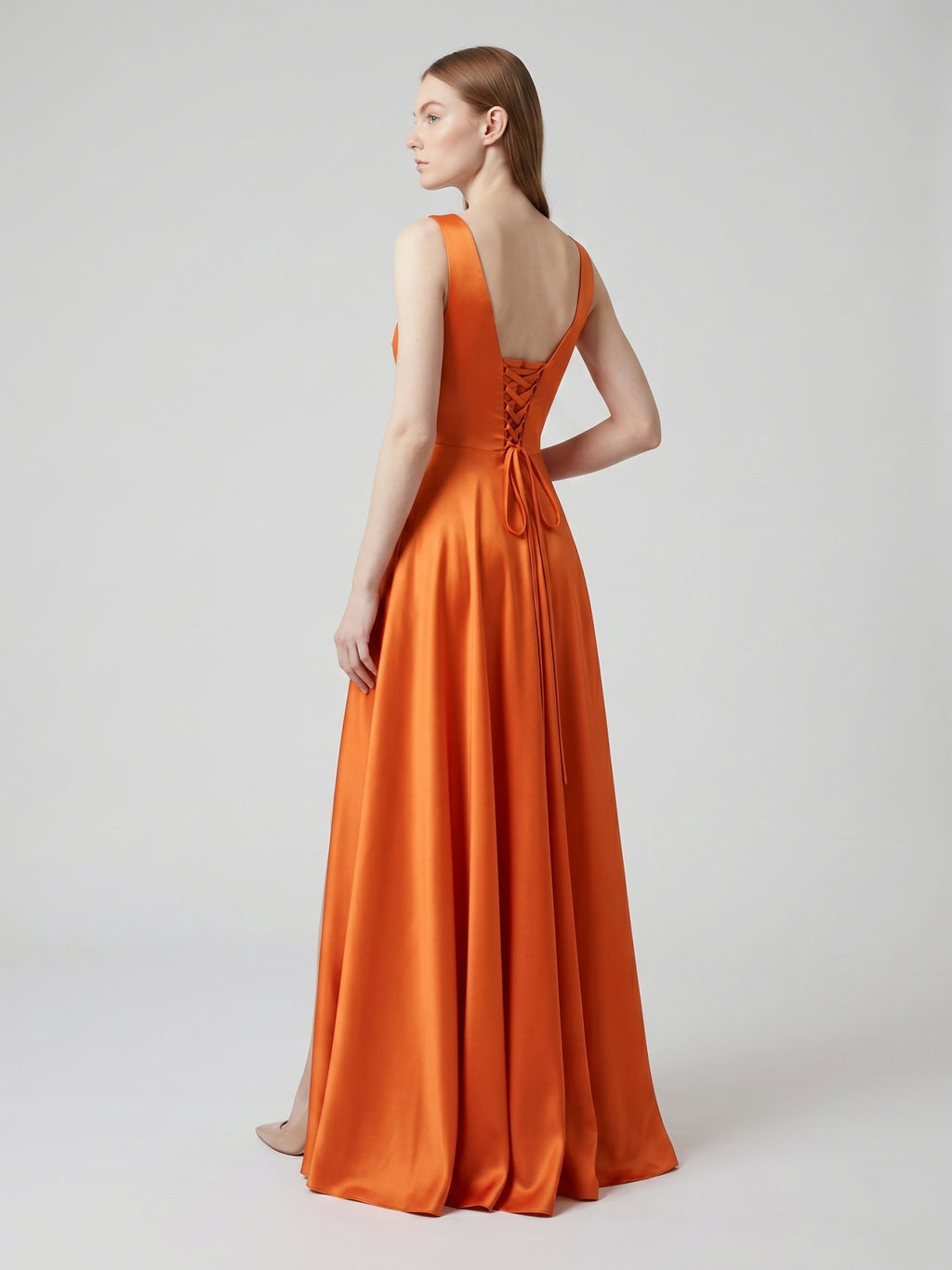 Orange Satin A-Line Square Neck Lace-up Floor-Length Bridesmaid Dress with Pleats