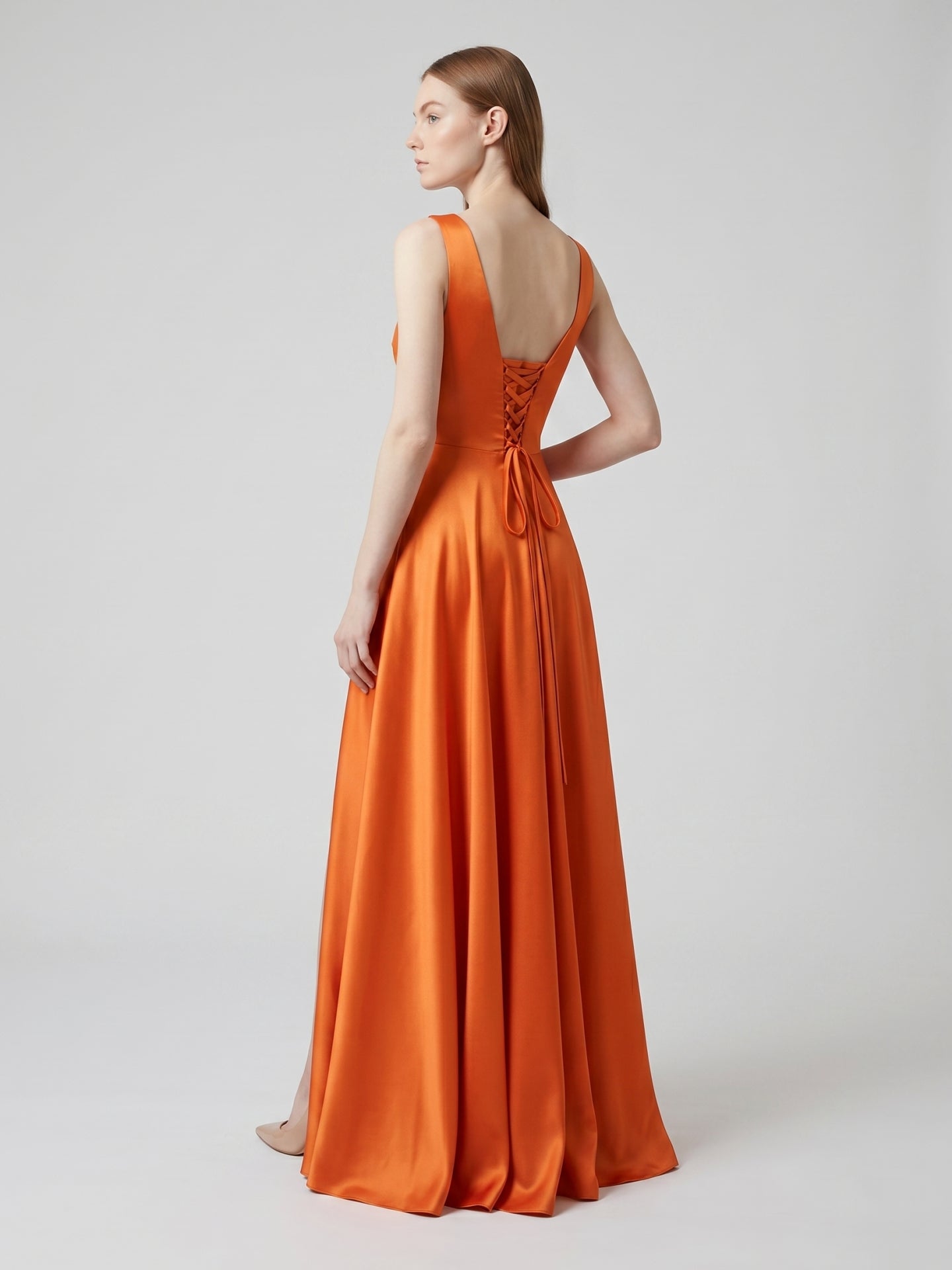 Orange Satin A-Line Square Neck Lace-up Floor-Length Bridesmaid Dress with Pleats
