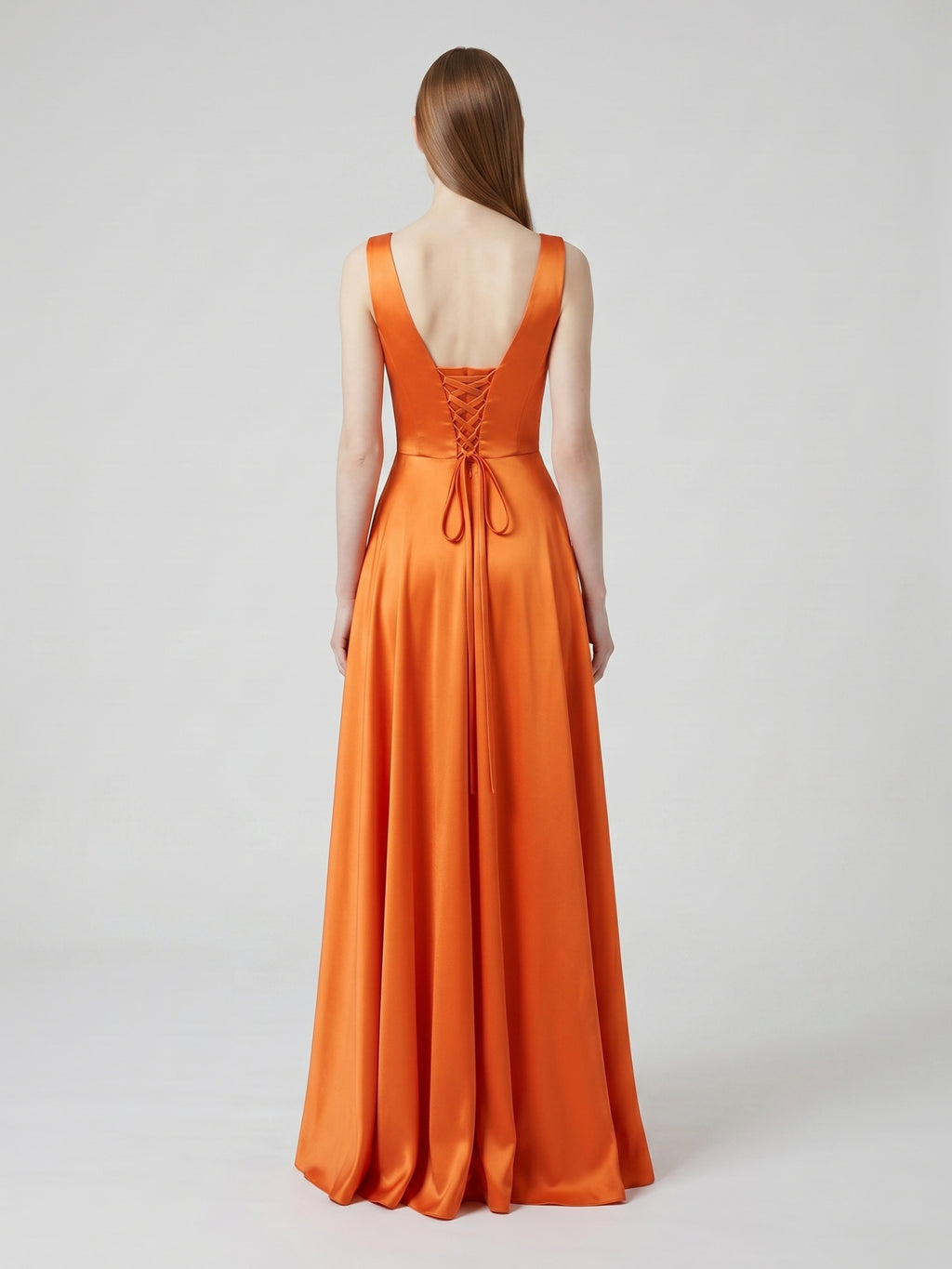 Orange Satin A-Line Square Neck Lace-up Floor-Length Bridesmaid Dress with Pleats