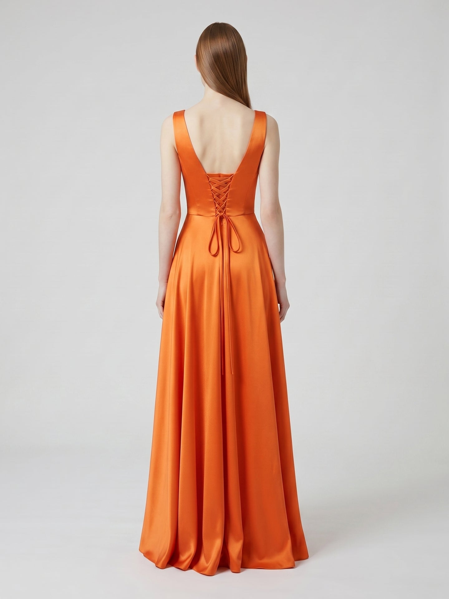 Orange Satin A-Line Square Neck Lace-up Floor-Length Bridesmaid Dress with Pleats
