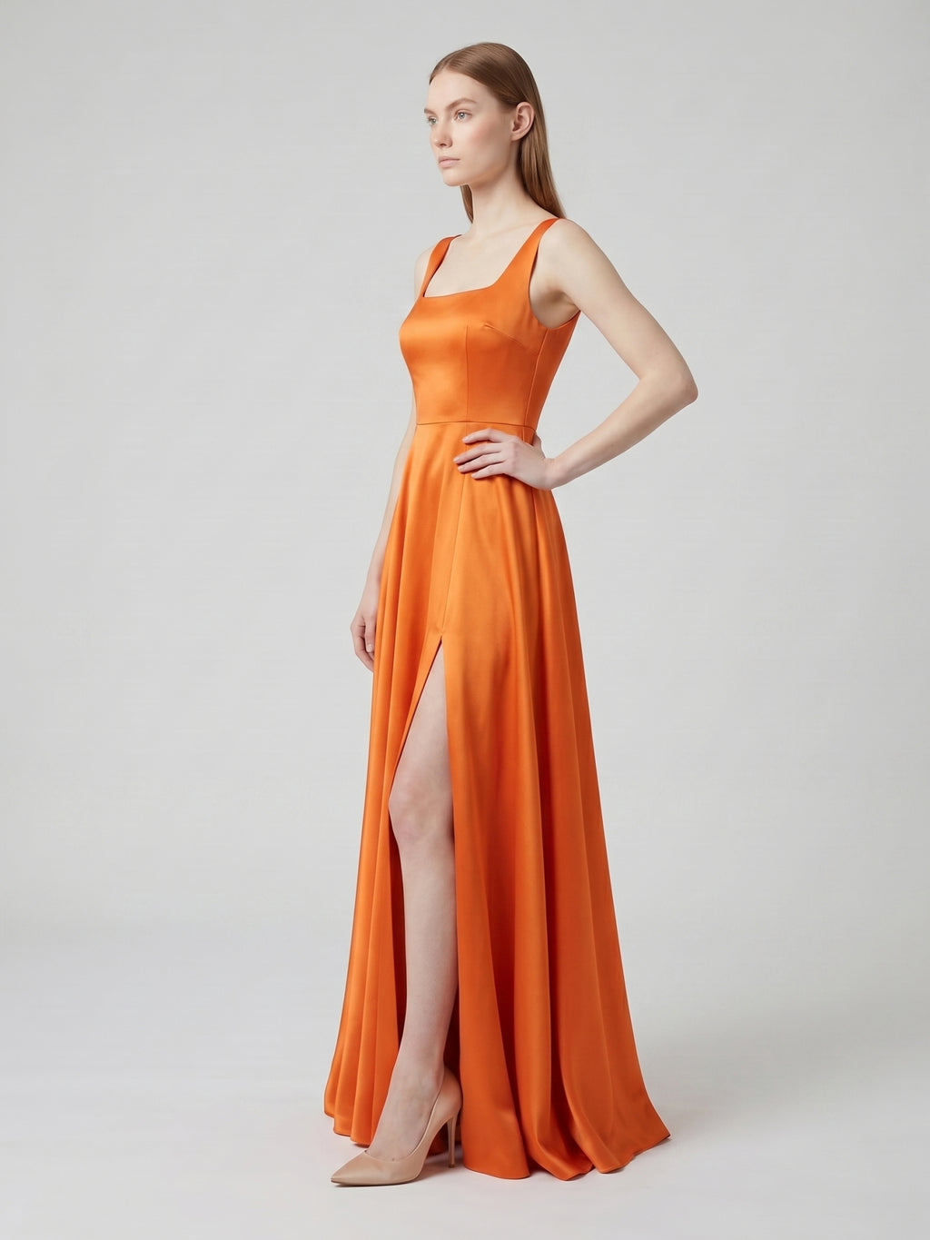 Orange Satin A-Line Square Neck Lace-up Floor-Length Bridesmaid Dress with Pleats
