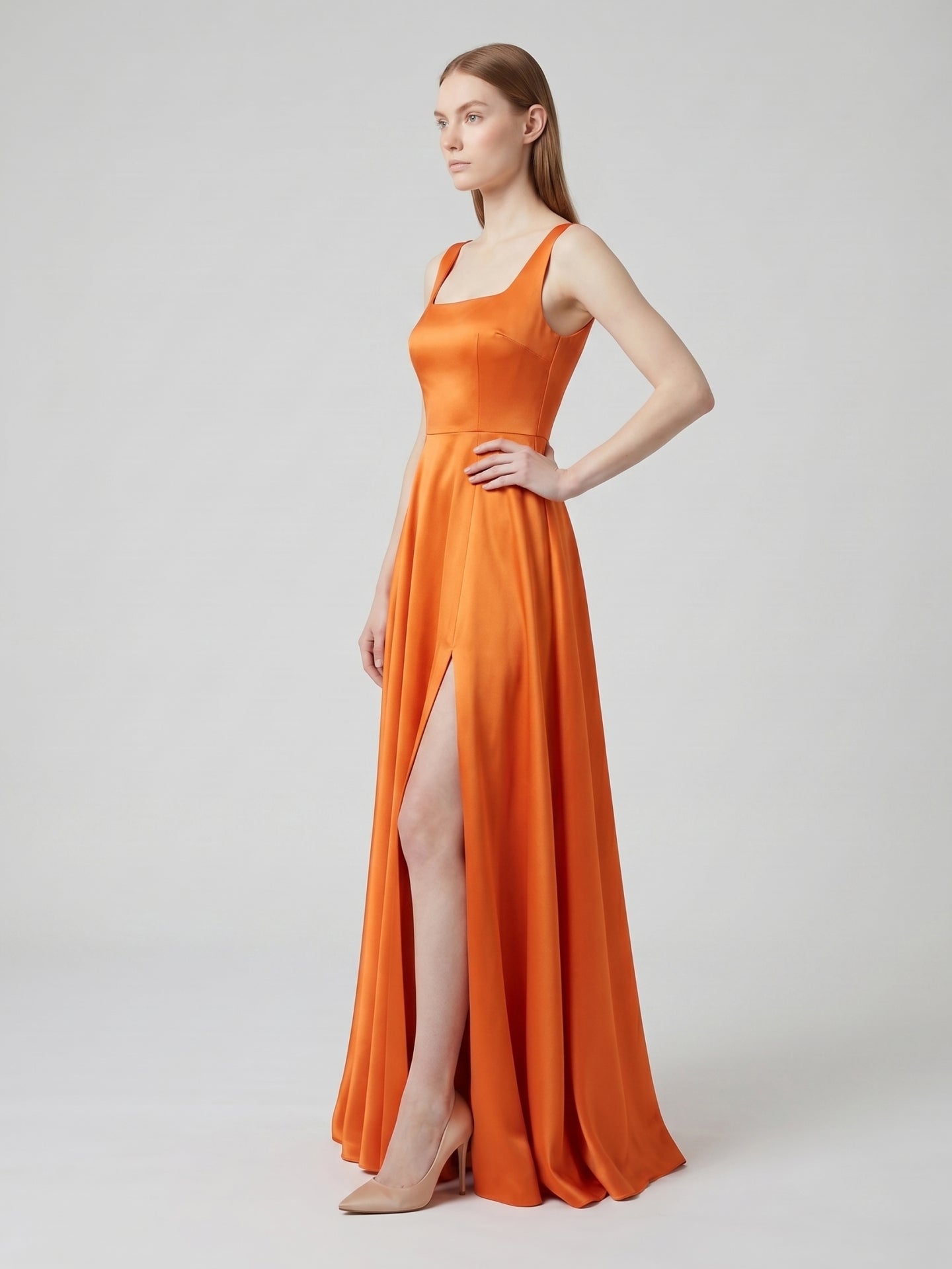 Orange Satin A-Line Square Neck Lace-up Floor-Length Bridesmaid Dress with Pleats