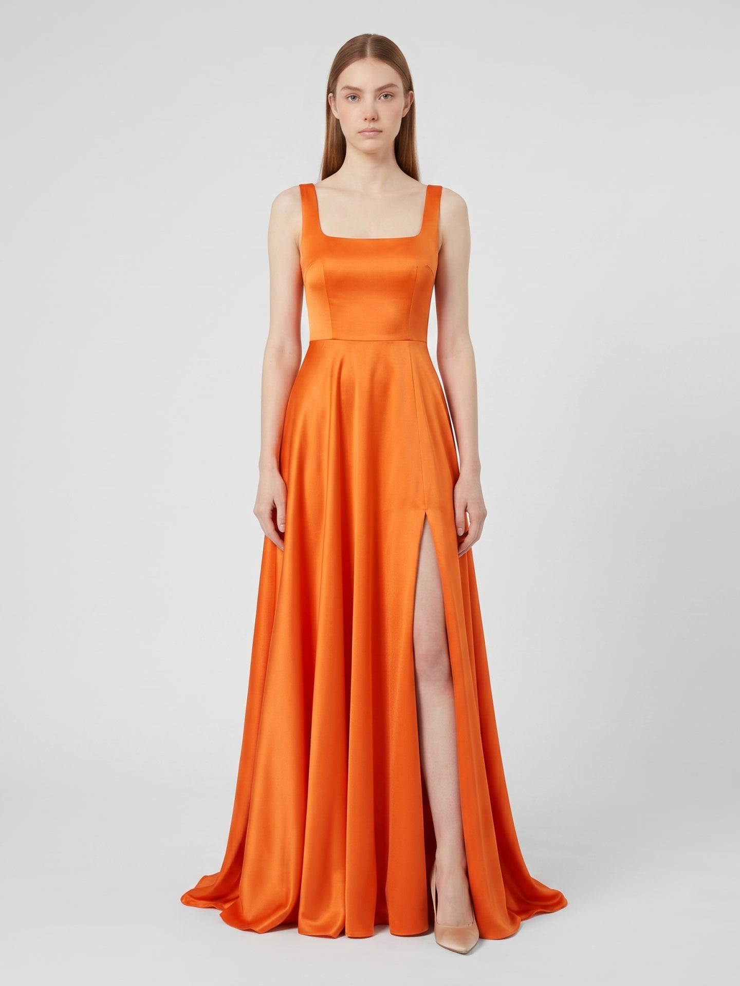 Orange Satin A-Line Square Neck Lace-up Floor-Length Bridesmaid Dress with Pleats