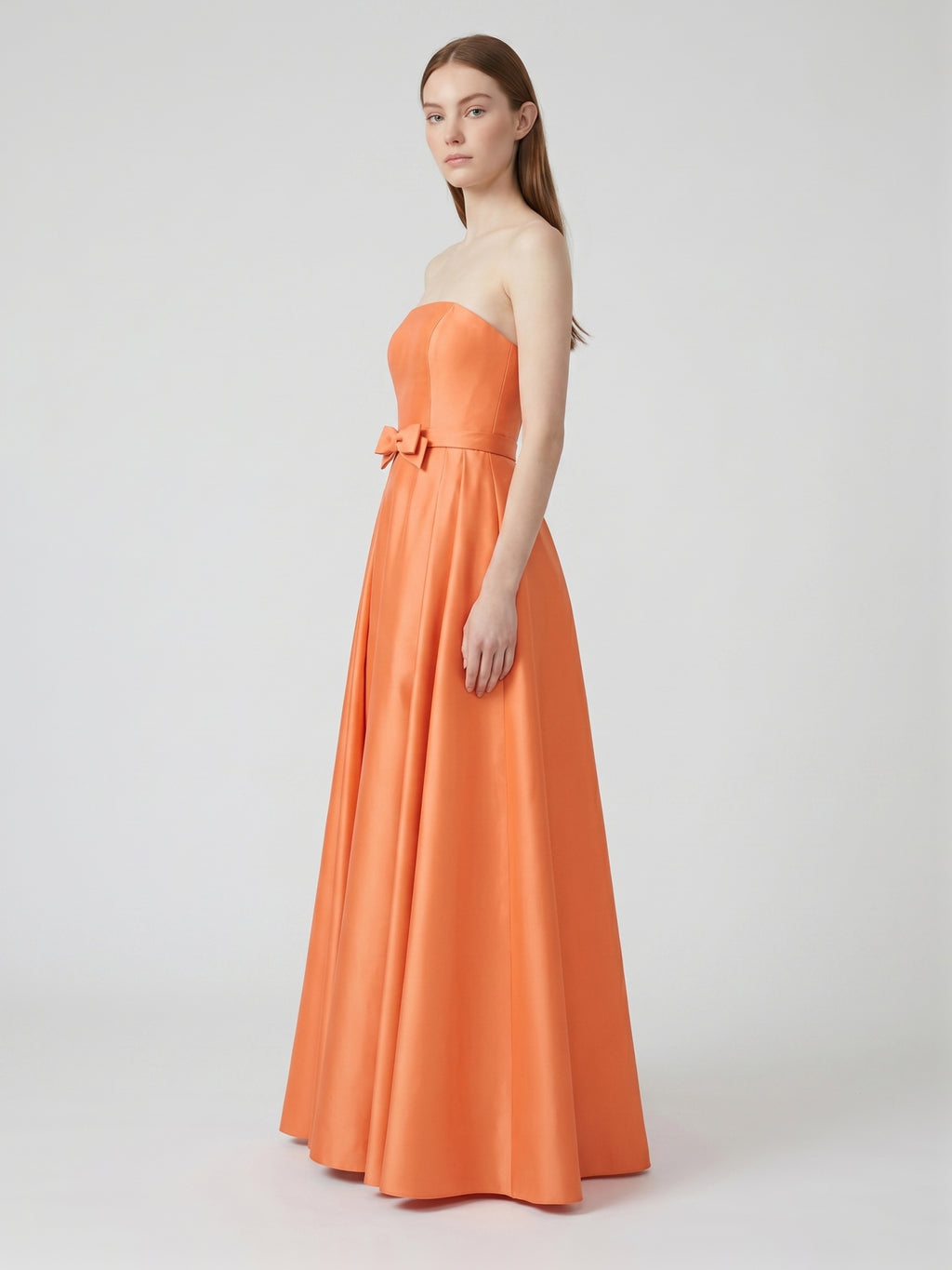 Orange Satin A-Line Straight Neck Back Zip Floor-Length Bridesmaid Dress with Pleats