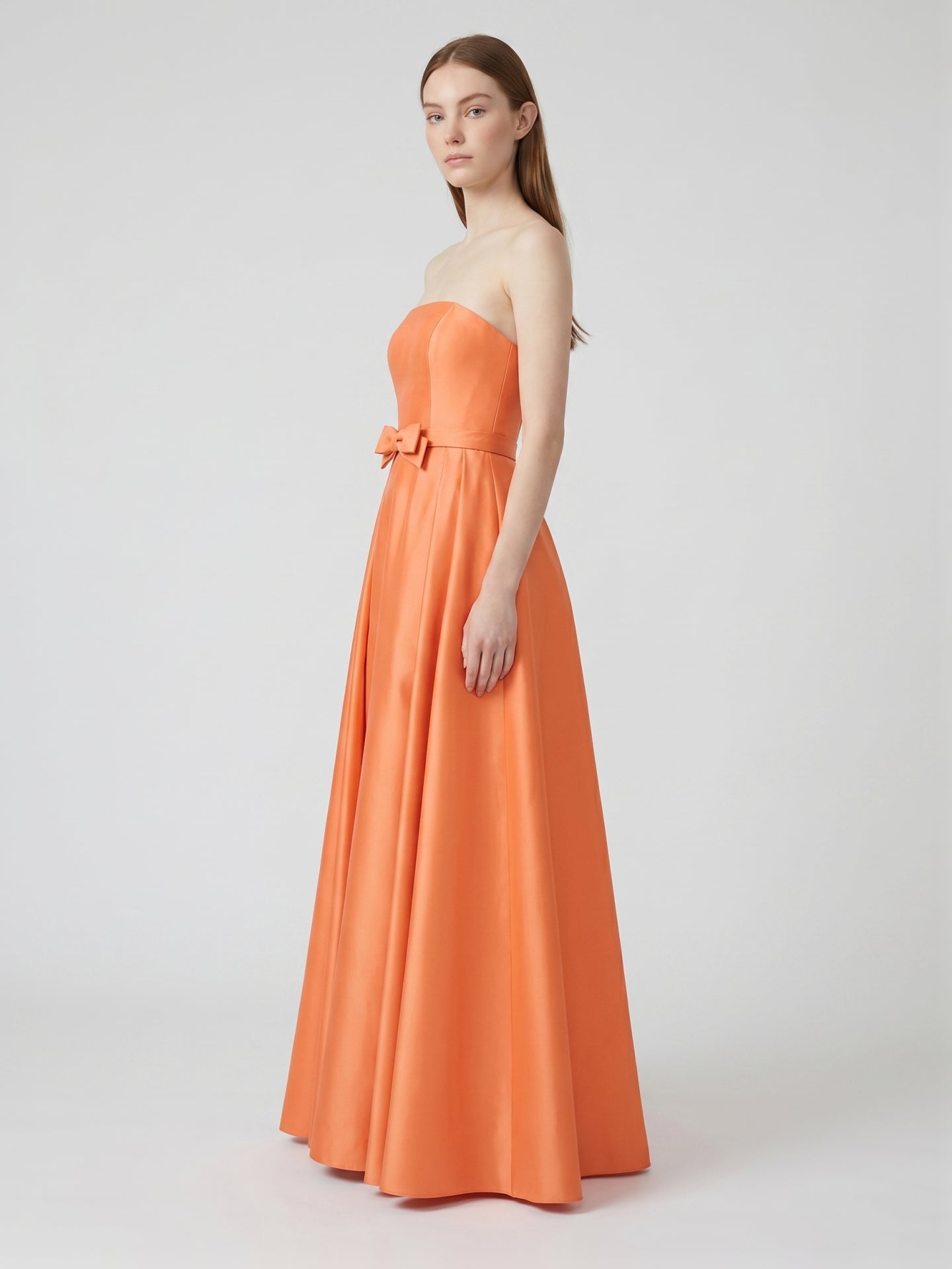 Orange Satin A-Line Straight Neck Back Zip Floor-Length Bridesmaid Dress with Pleats