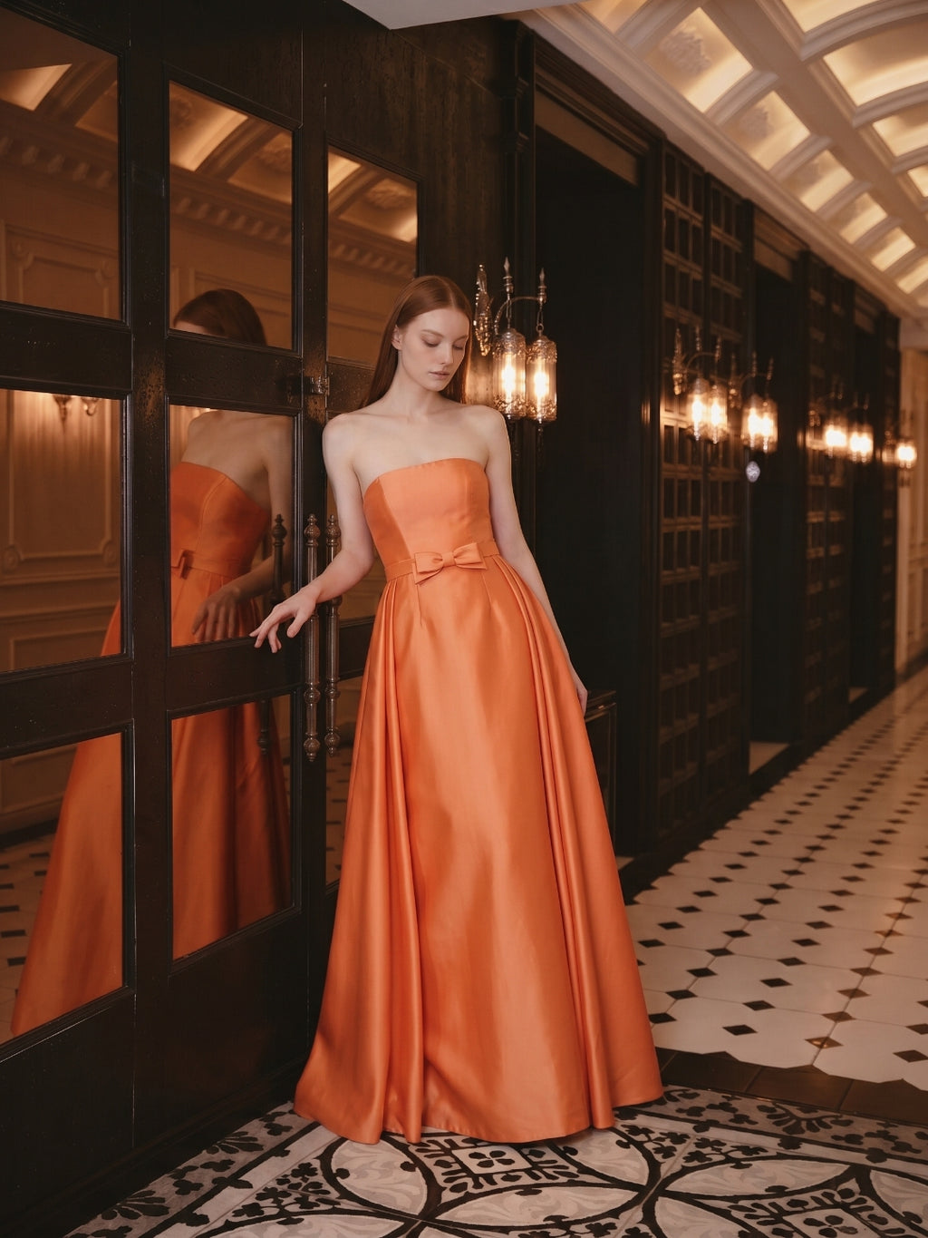 Orange Satin A-Line Straight Neck Back Zip Floor-Length Bridesmaid Dress with Pleats