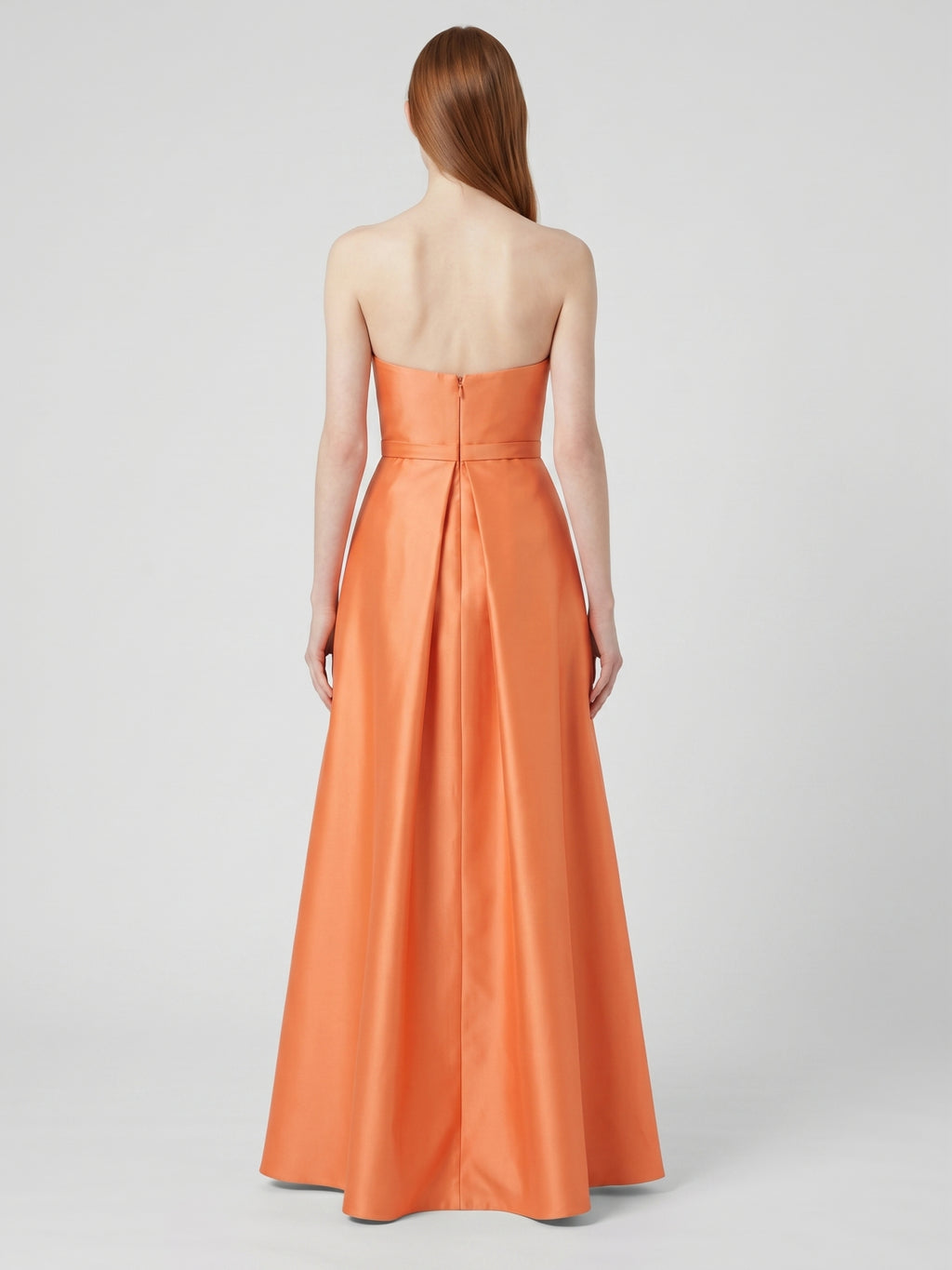 Orange Satin A-Line Straight Neck Back Zip Floor-Length Bridesmaid Dress with Pleats