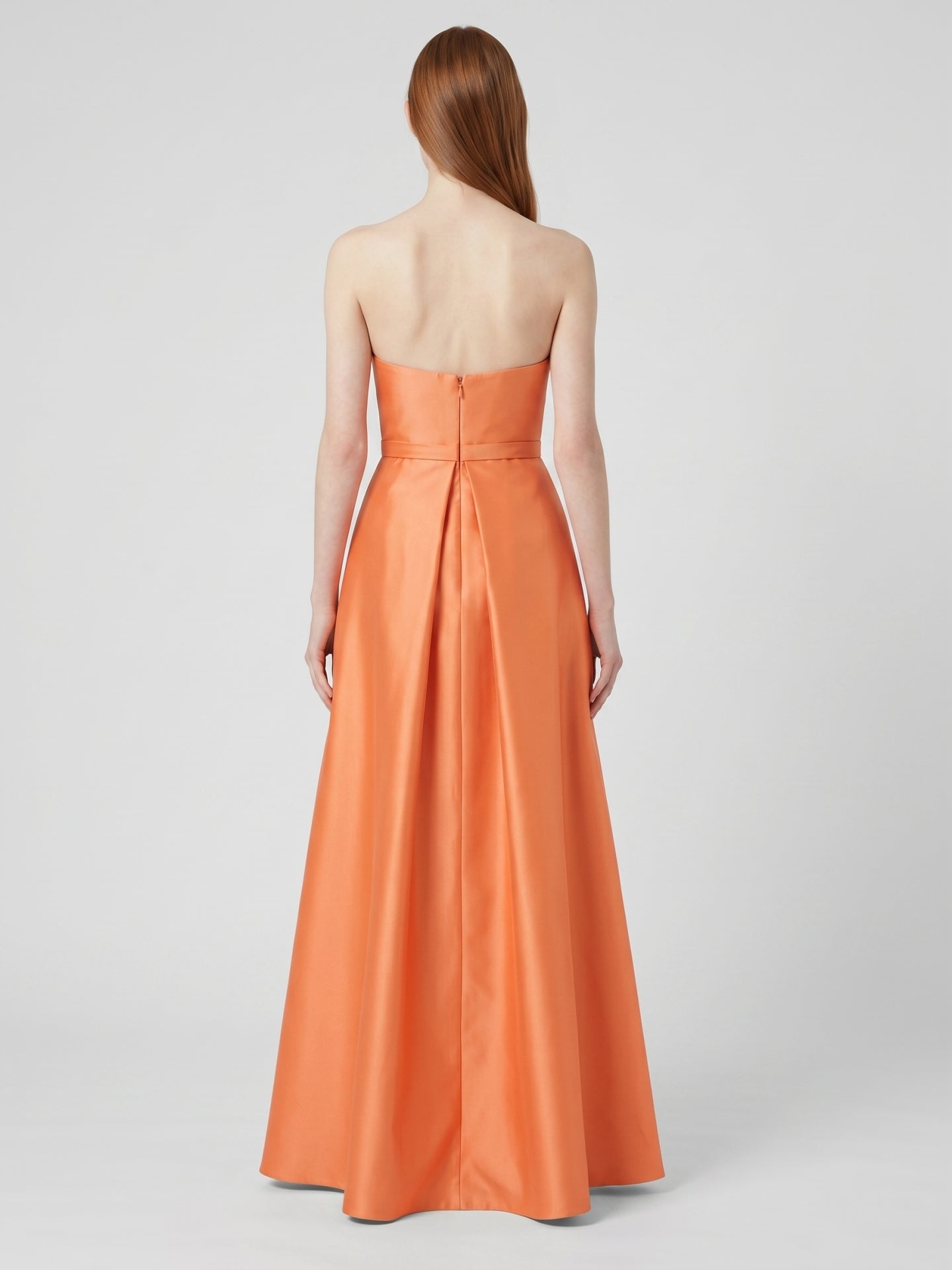 Orange Satin A-Line Straight Neck Back Zip Floor-Length Bridesmaid Dress with Pleats