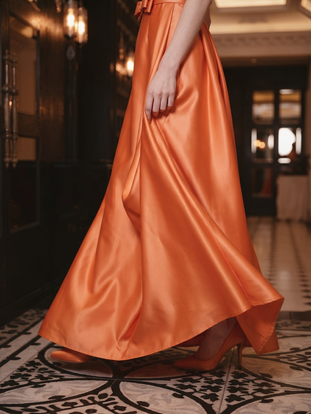 Orange Satin A-Line Straight Neck Back Zip Floor-Length Bridesmaid Dress with Pleats