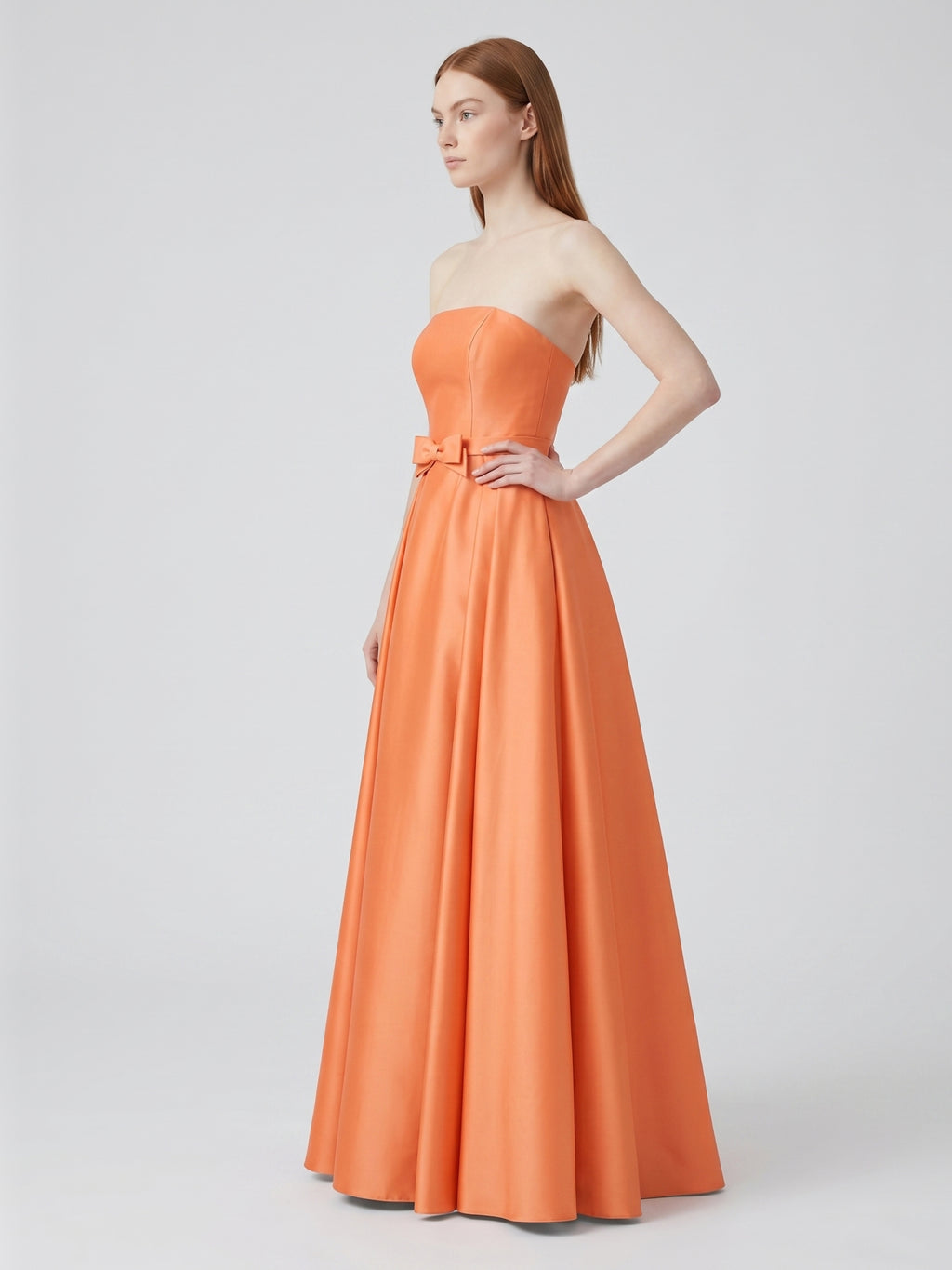 Orange Satin A-Line Straight Neck Back Zip Floor-Length Bridesmaid Dress with Pleats