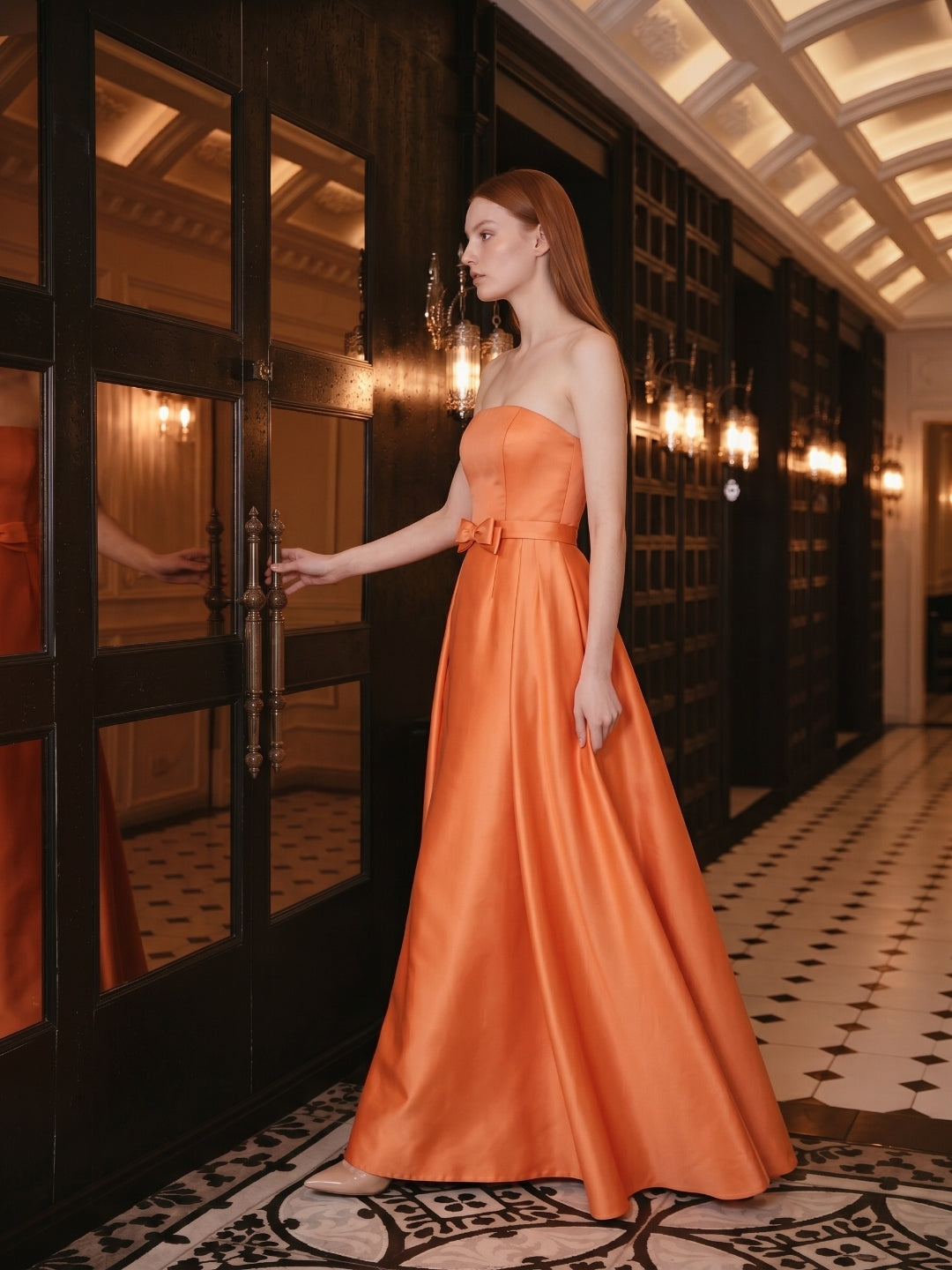 Orange Satin A-Line Straight Neck Back Zip Floor-Length Bridesmaid Dress with Pleats