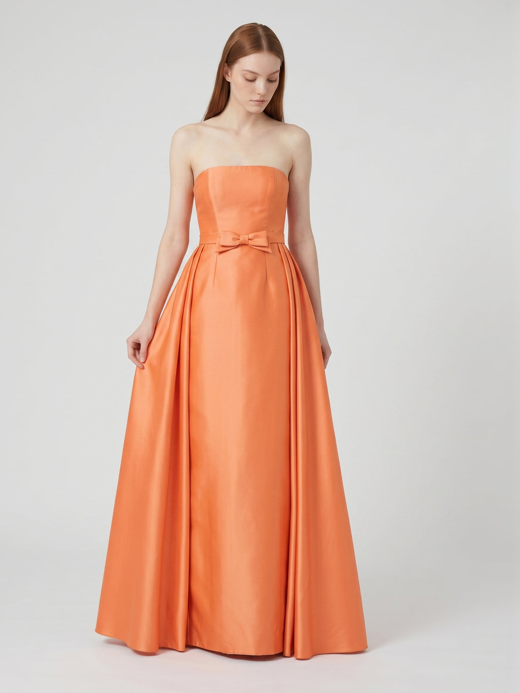 Orange Satin A-Line Straight Neck Back Zip Floor-Length Bridesmaid Dress with Pleats