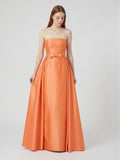 Orange Satin A-Line Straight Neck Back Zip Floor-Length Bridesmaid Dress with Pleats