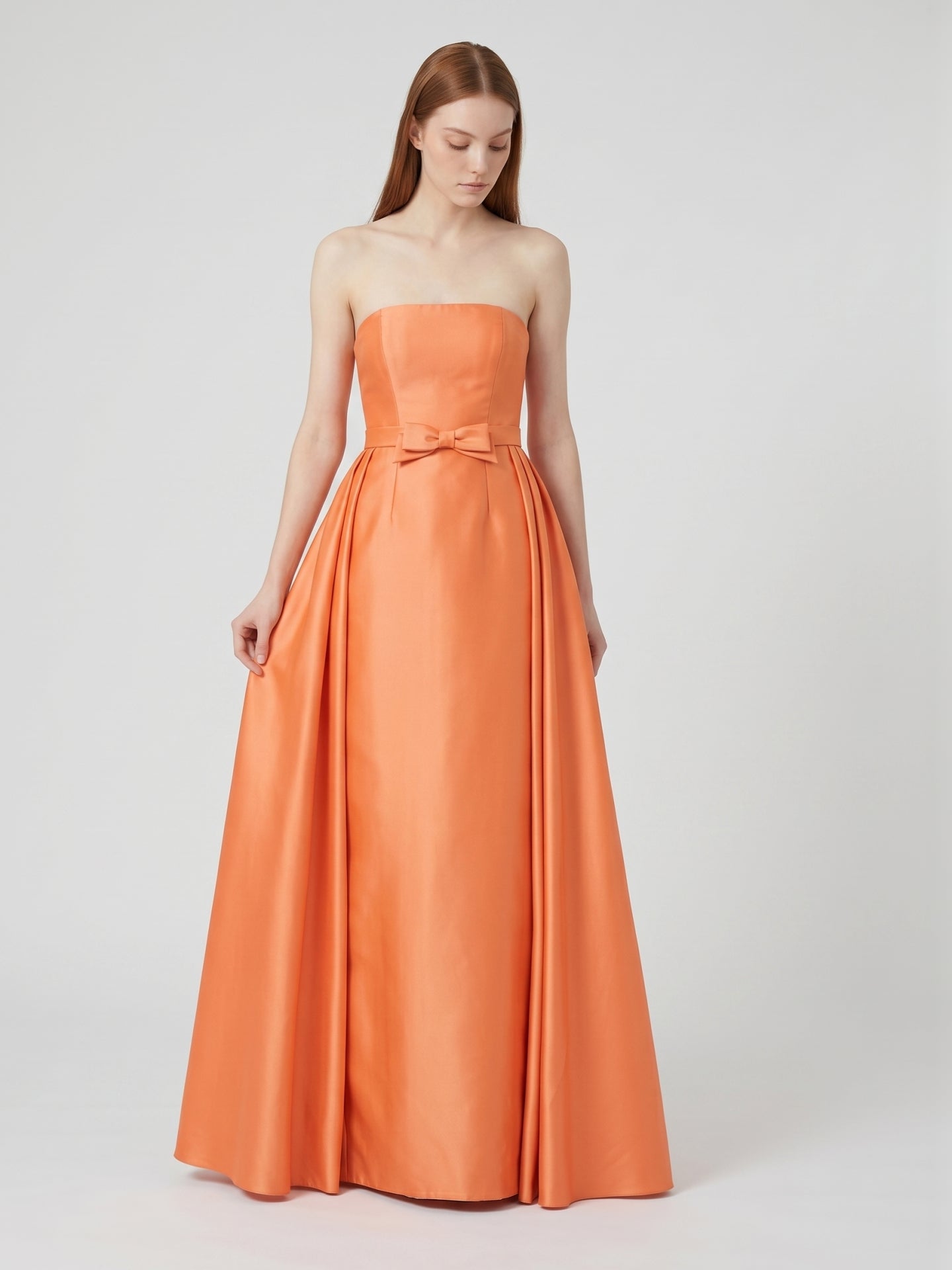 Orange Satin A-Line Straight Neck Back Zip Floor-Length Bridesmaid Dress with Pleats