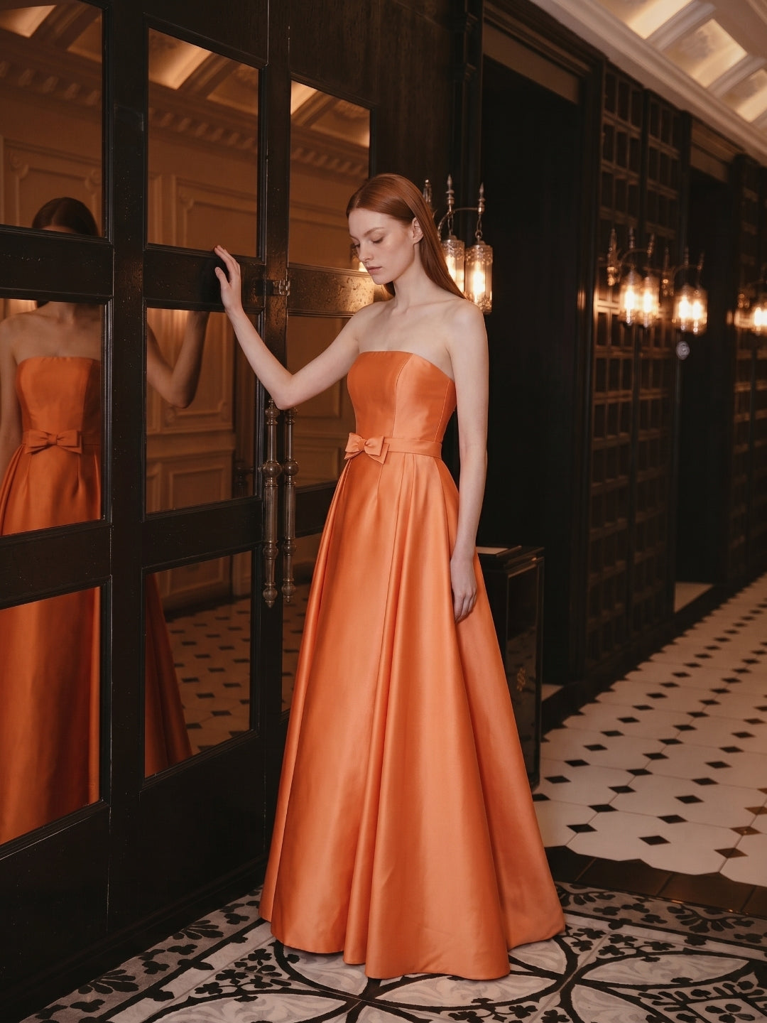 Orange Satin A-Line Straight Neck Back Zip Floor-Length Bridesmaid Dress with Pleats