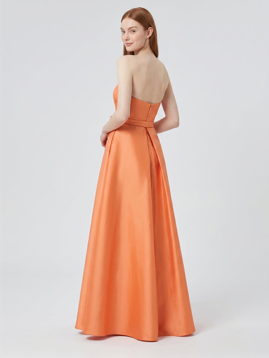 Orange Satin A-Line Straight Neck Back Zip Floor-Length Bridesmaid Dress with Pleats