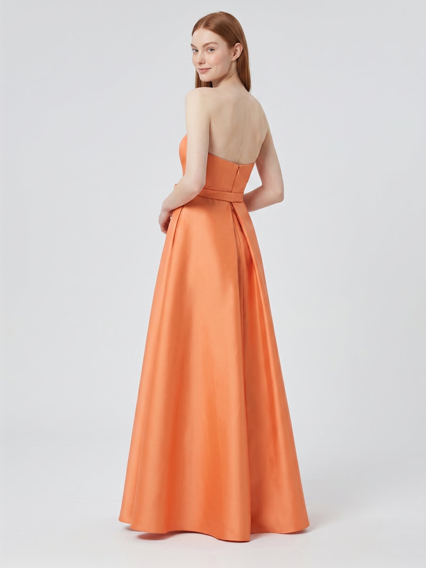 Orange Satin A-Line Straight Neck Back Zip Floor-Length Bridesmaid Dress with Pleats